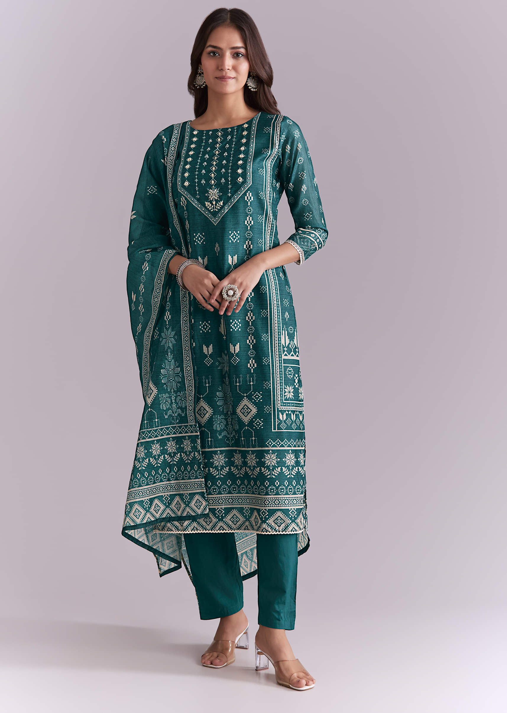 Blue Silk Kurta Set With Indie Print - Image 3