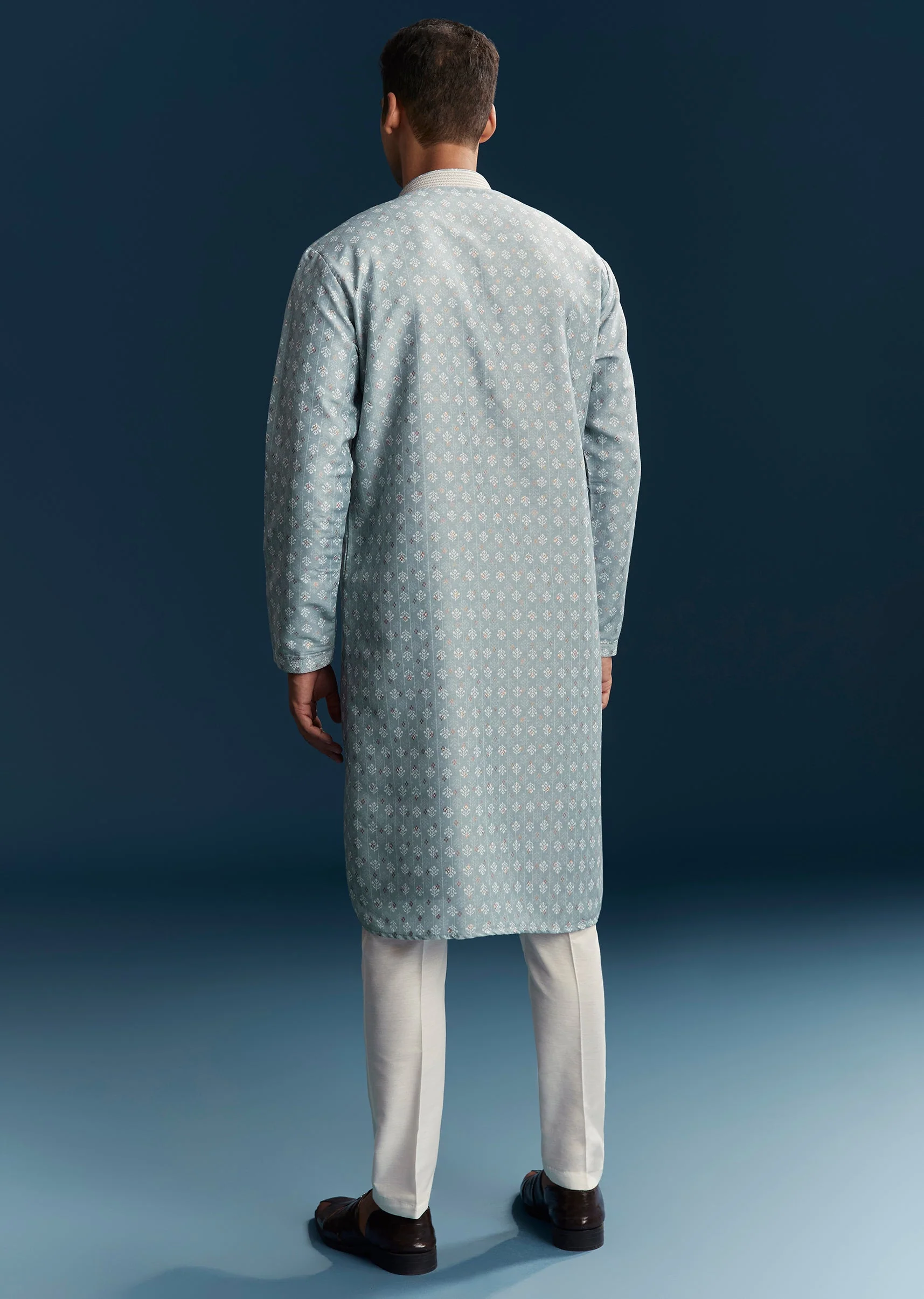 Blue Silk Kurta Set With Thread Detail Work - Image 12