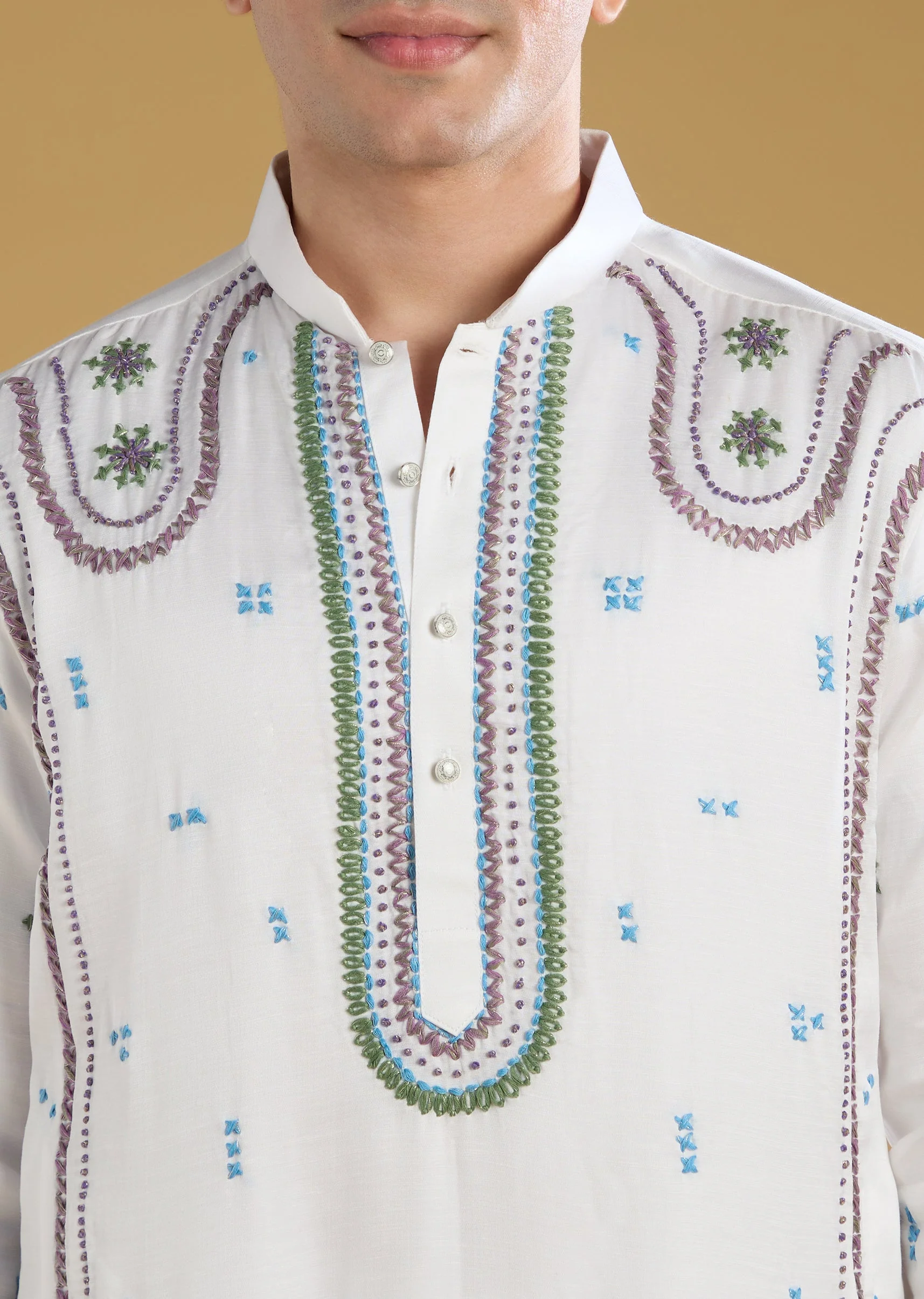 Blue Silk Kurta Set With Thread Detail Work - Image 2