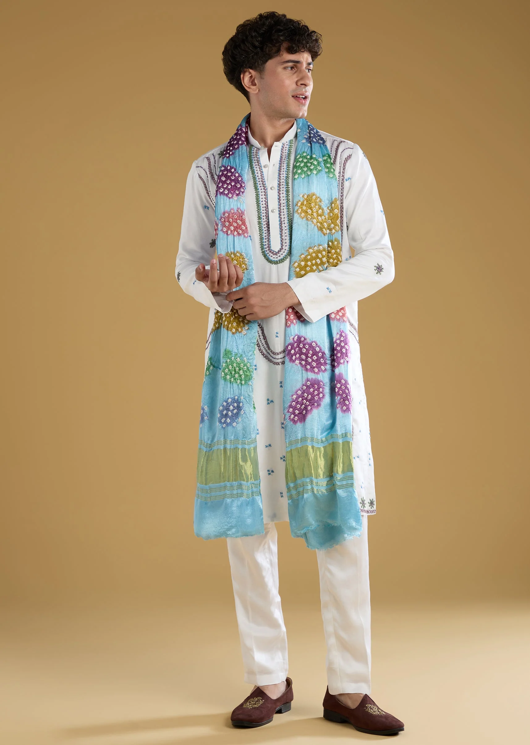 Blue Silk Kurta Set With Thread Detail Work - Image 3