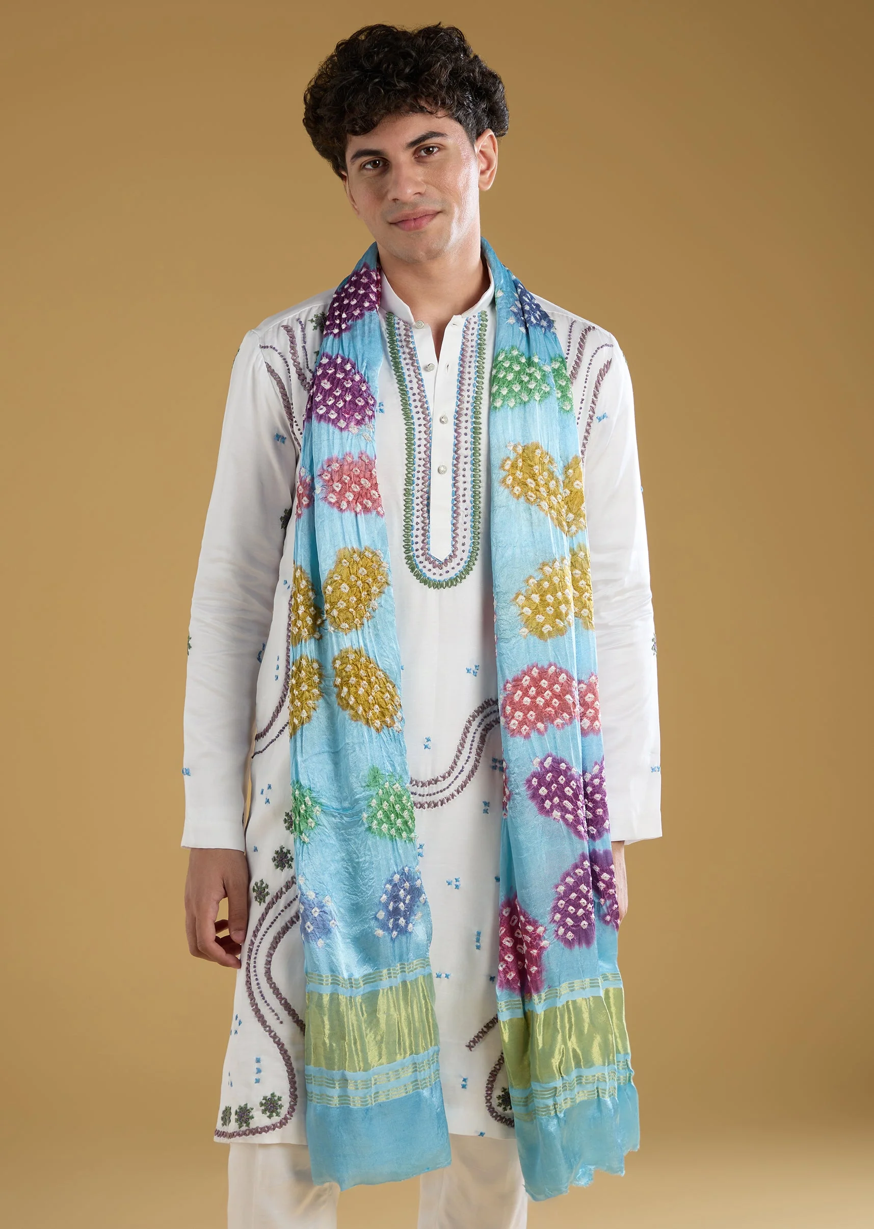 Blue Silk Kurta Set With Thread Detail Work - Image 4