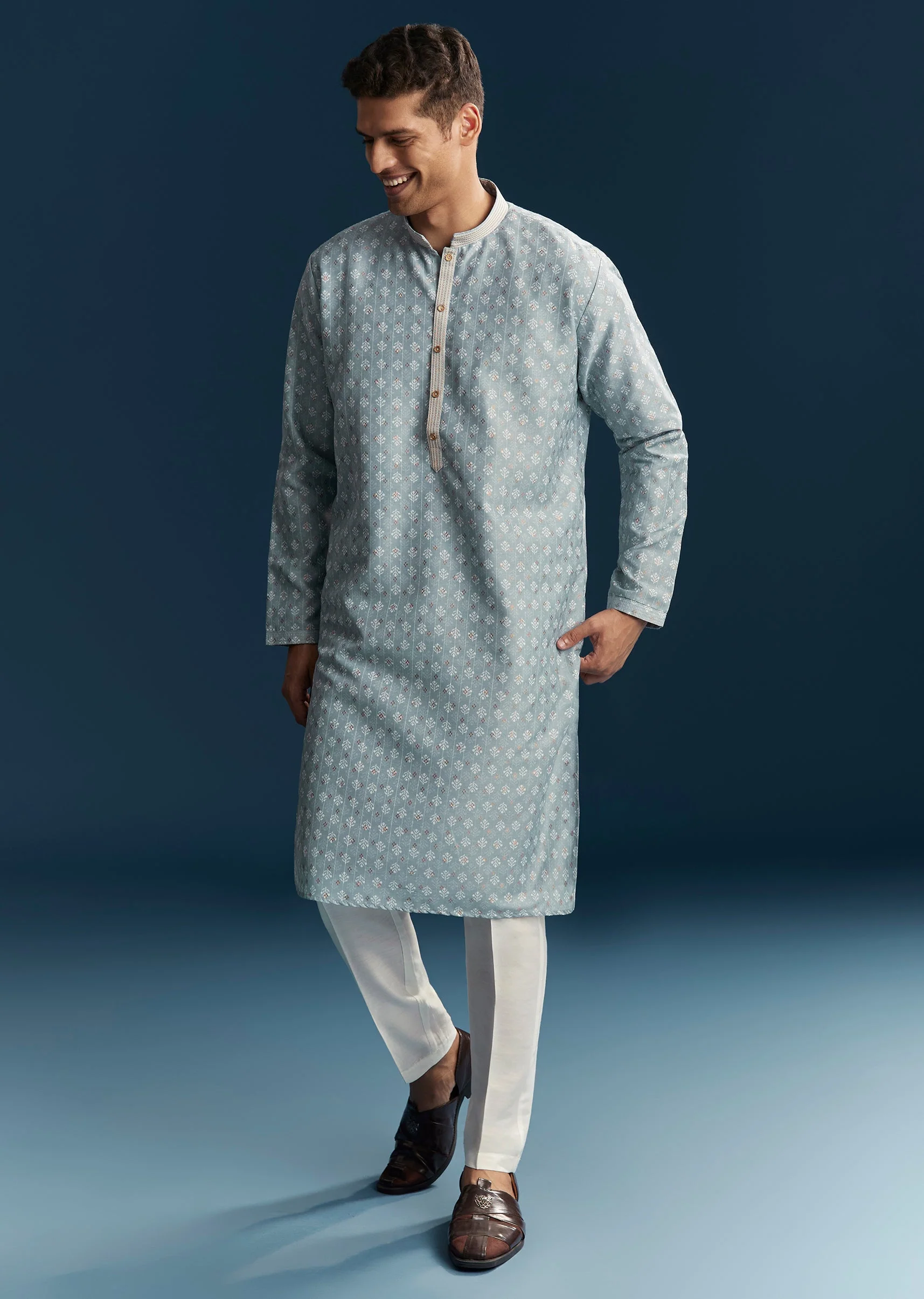 Blue Silk Kurta Set With Thread Detail Work - Image 8