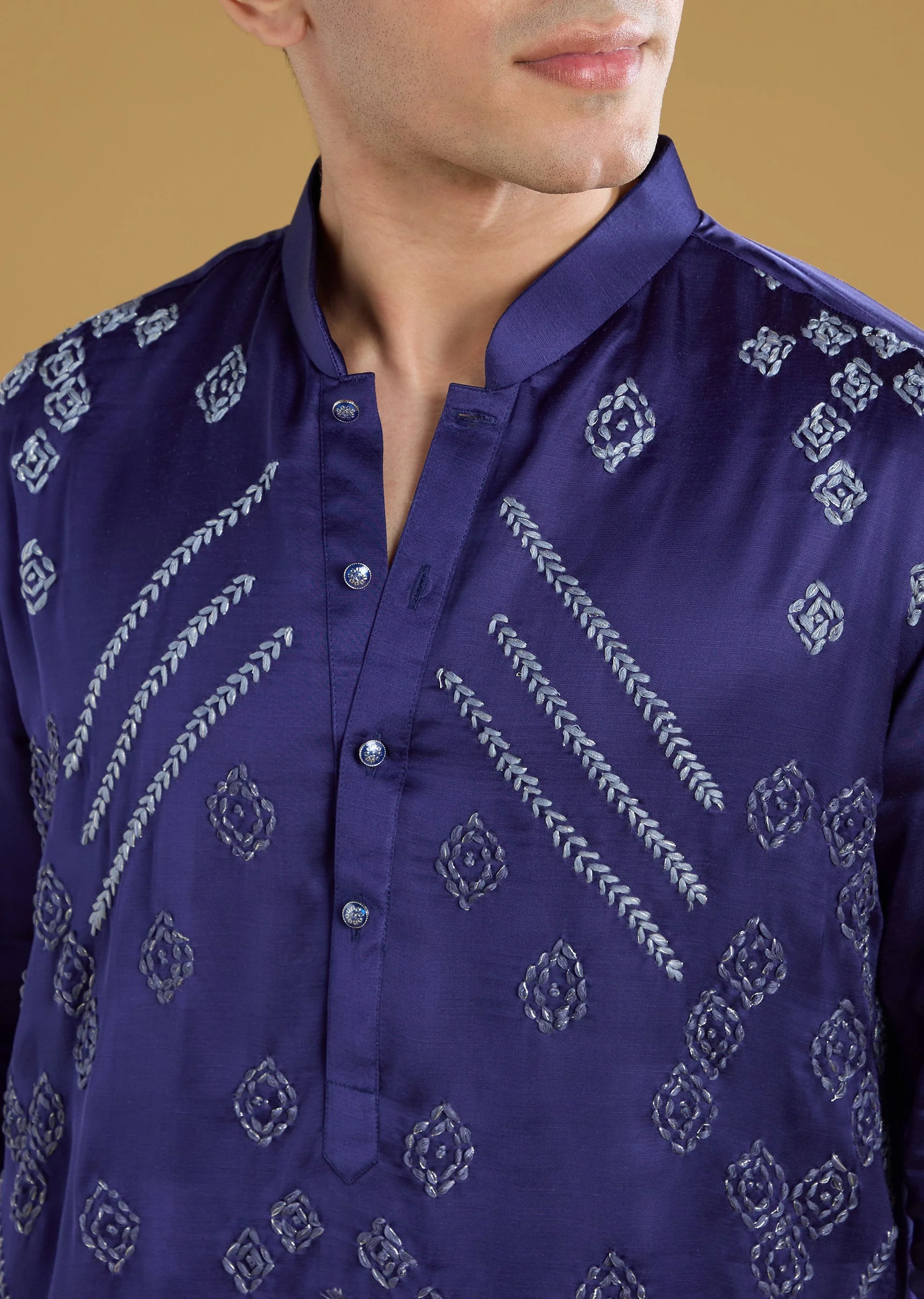 Blue Silk Kurta Set With Thread Work - Image 3