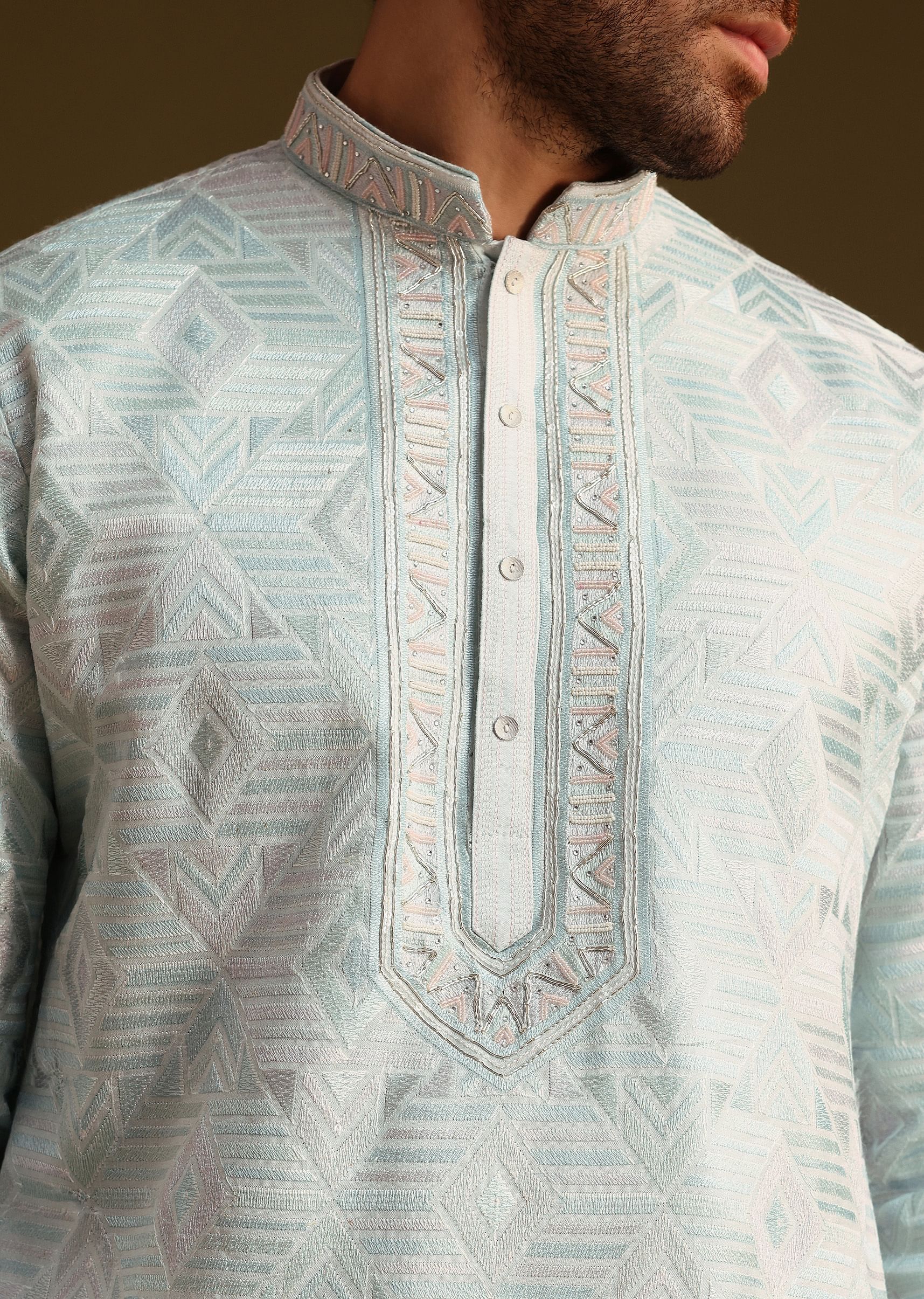 Blue Silk Mandarin Collar Kurta Set With Embroidered Yoke - Image 3
