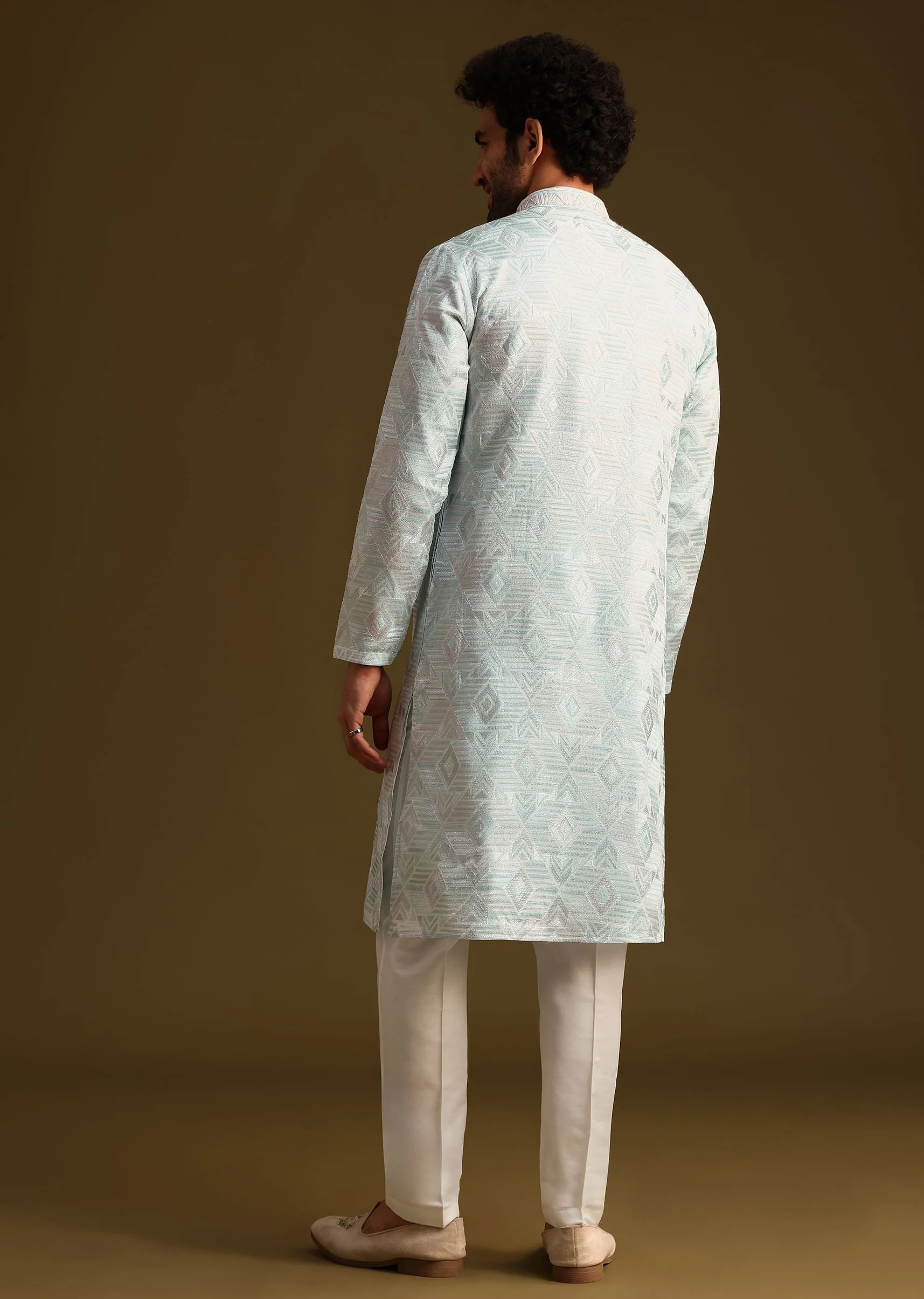Blue Silk Mandarin Collar Kurta Set With Embroidered Yoke - Image 5