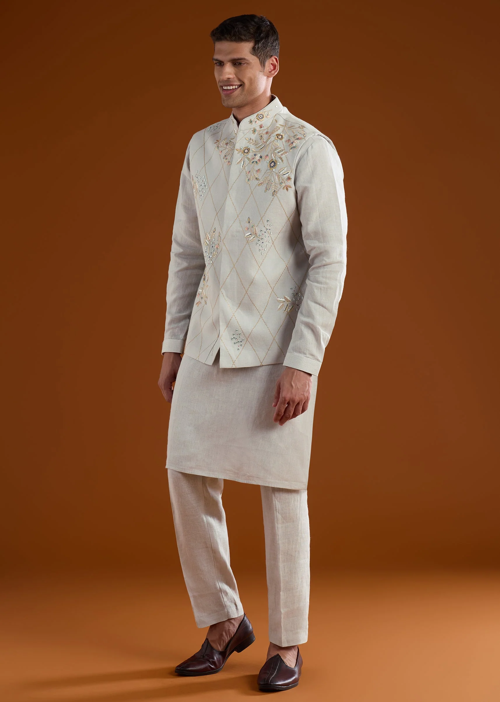 Blue Silk Mens Kurta Jacket Set With Thread And Mirror Work