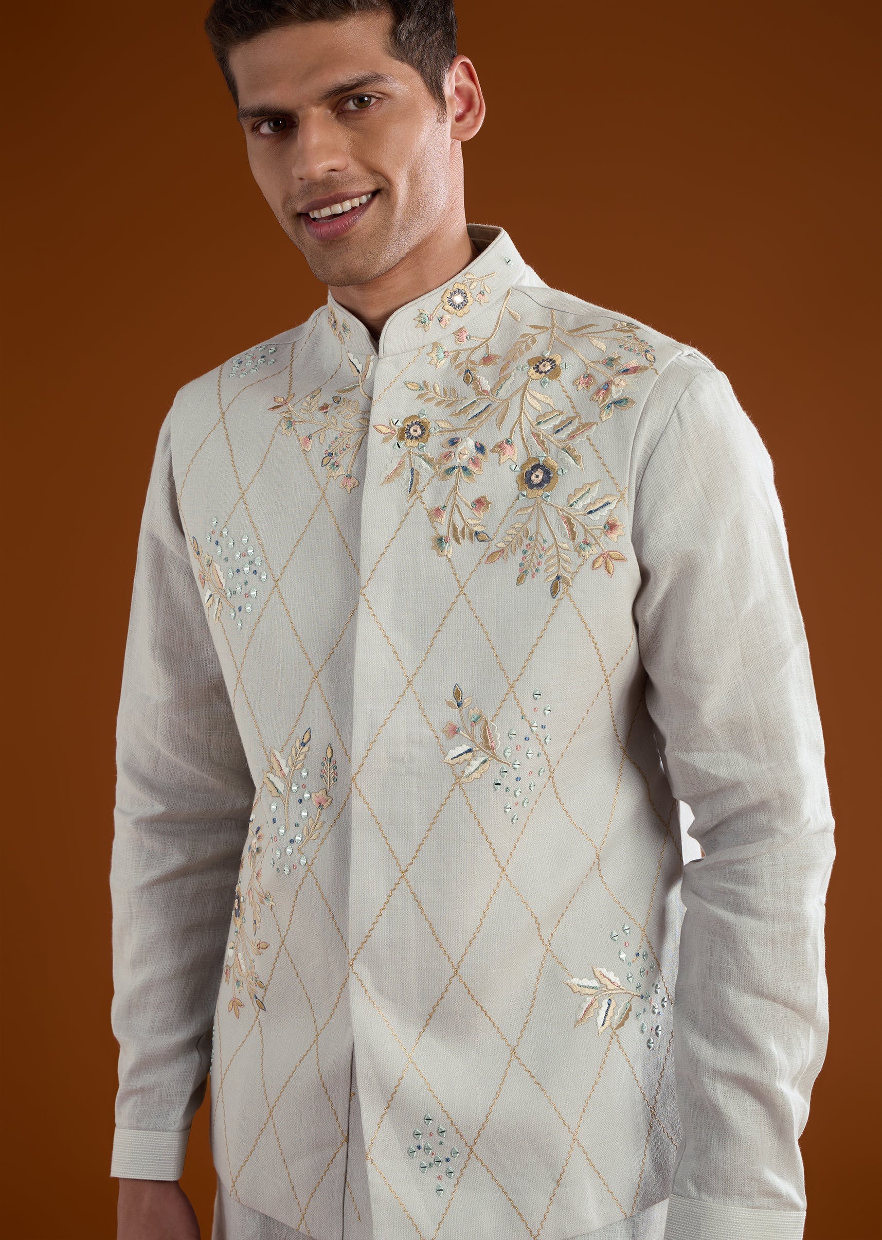 Blue Silk Mens Kurta Jacket Set With Thread And Mirror Work - Image 2
