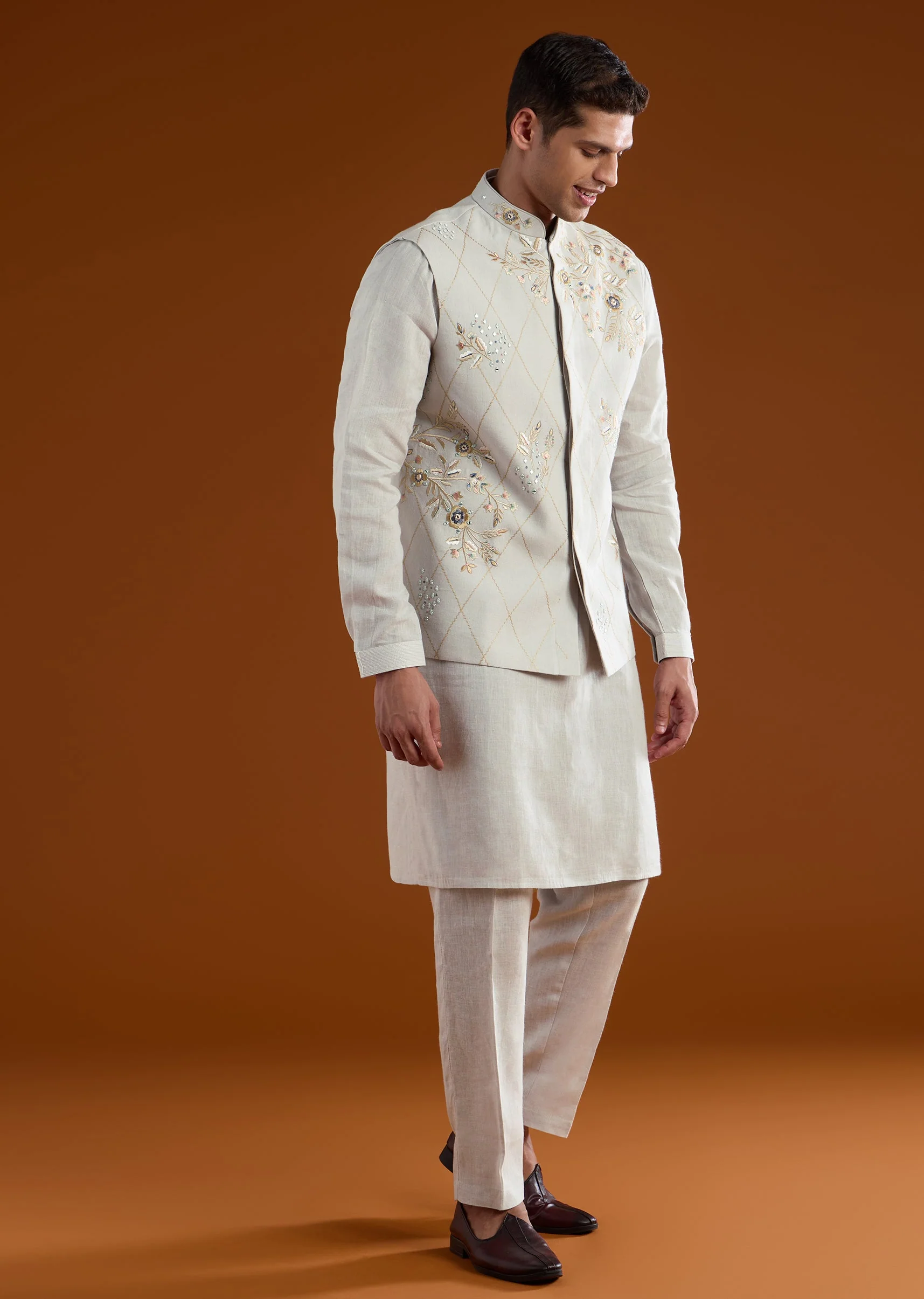 Blue Silk Mens Kurta Jacket Set With Thread And Mirror Work - Image 3