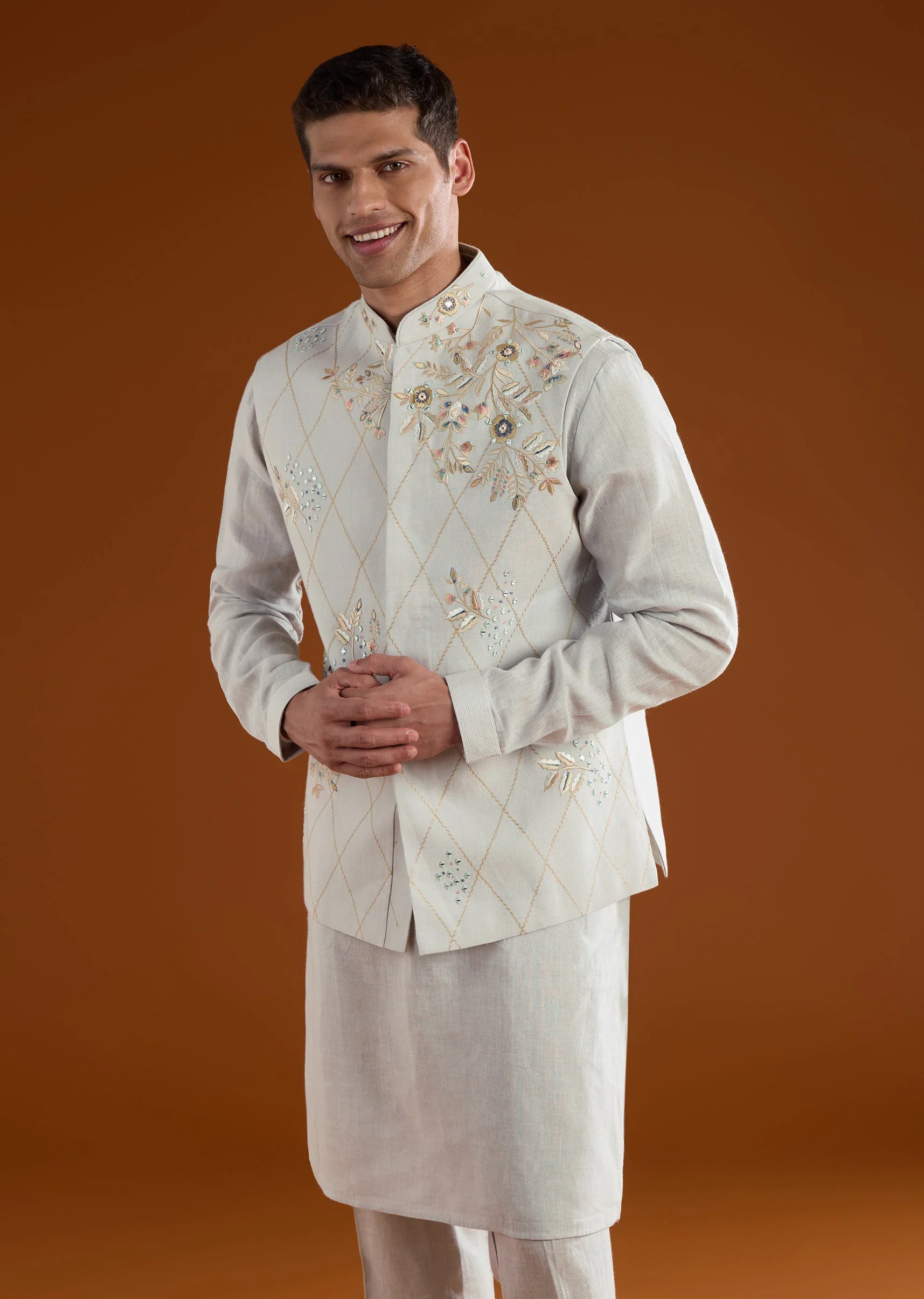 Blue Silk Mens Kurta Jacket Set With Thread And Mirror Work - Image 4