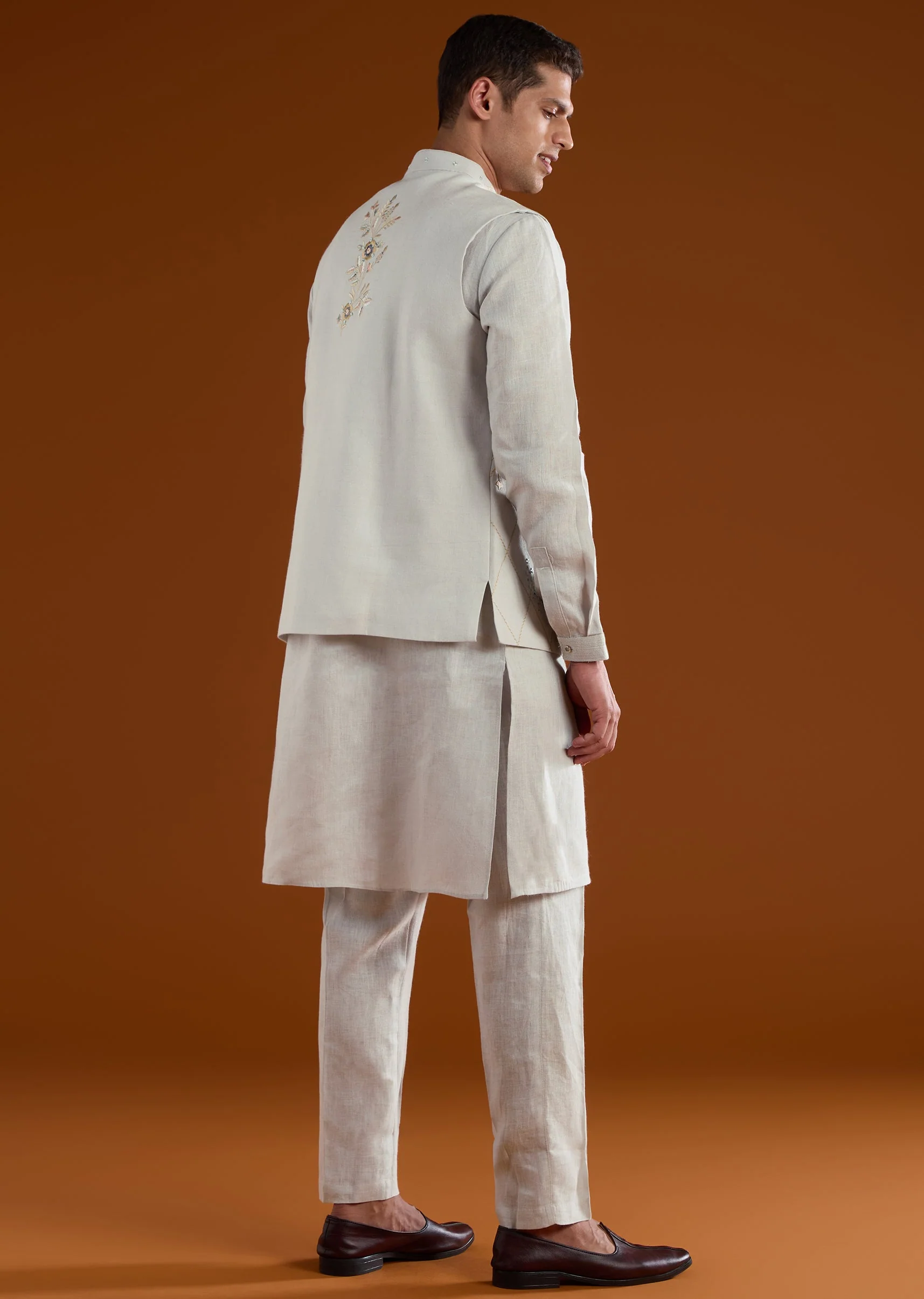 Blue Silk Mens Kurta Jacket Set With Thread And Mirror Work - Image 5