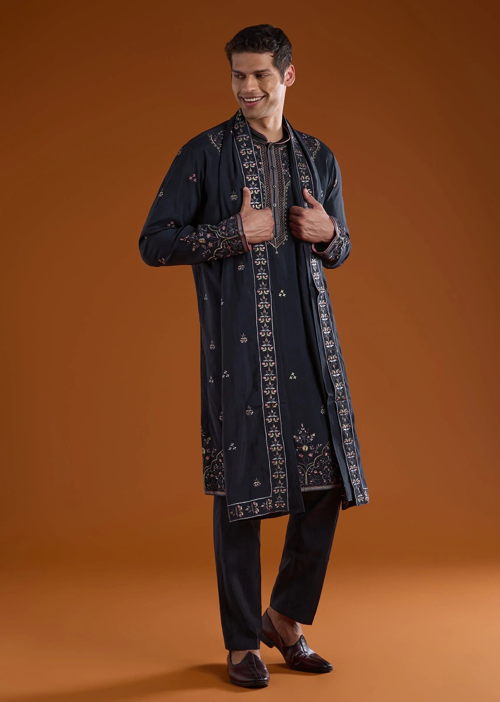 Blue Silk Mens Kurta Set with Resham Work