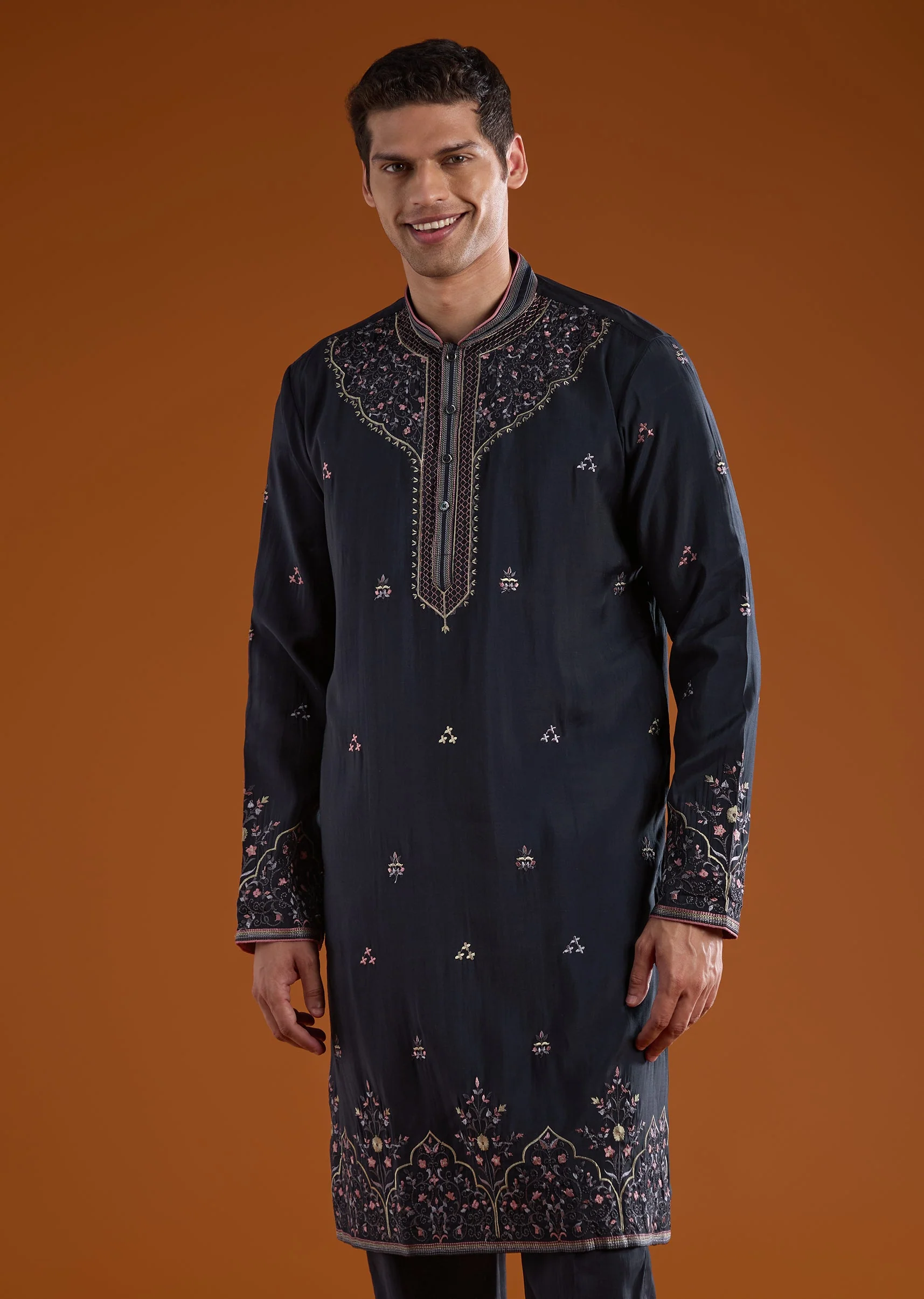 Blue Silk Mens Kurta Set with Resham Work - Image 6