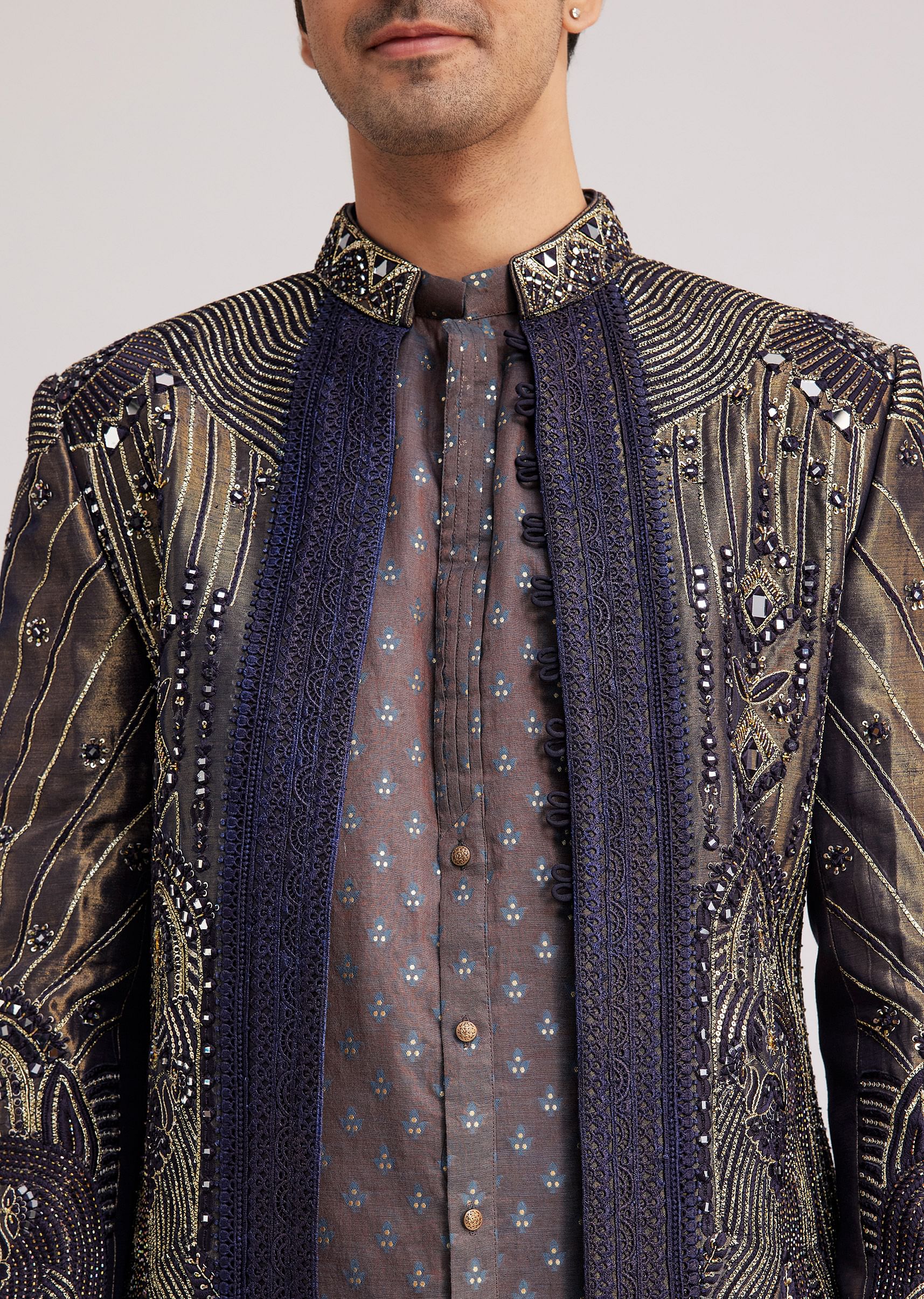 Blue Silk Open Sherwani Set With Zardosi And Mirror Work - Image 4