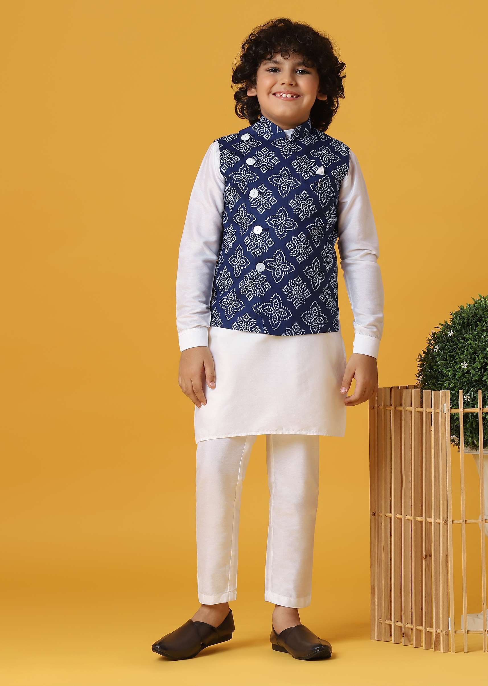 Blue Silk Printed Jacket Kurta Set for Boys - Image 2