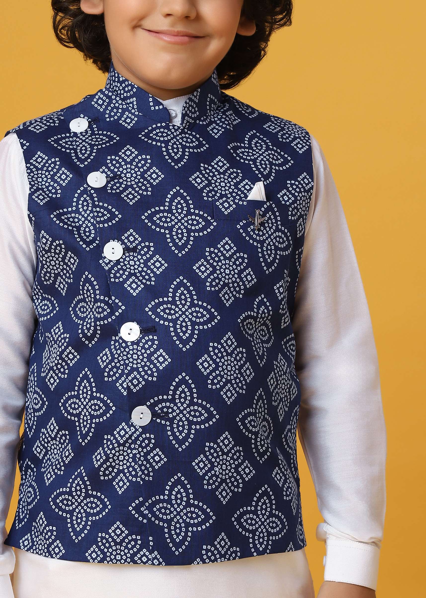 Blue Silk Printed Jacket Kurta Set for Boys - Image 3