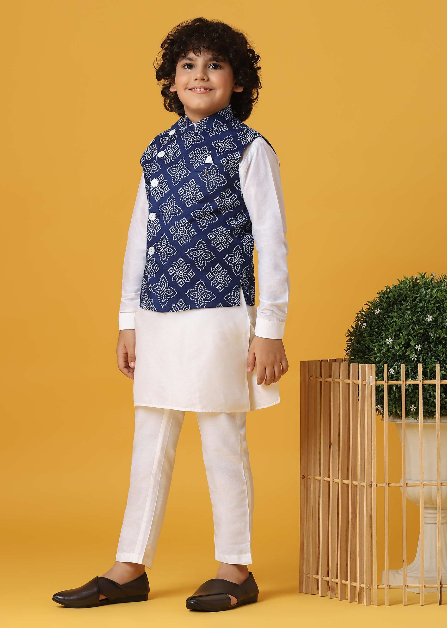 Blue Silk Printed Jacket Kurta Set for Boys - Image 4