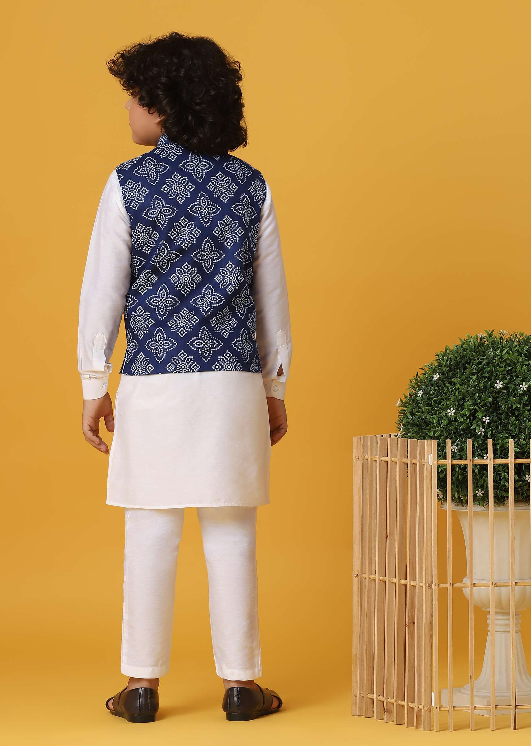 Blue Silk Printed Jacket Kurta Set for Boys - Image 5