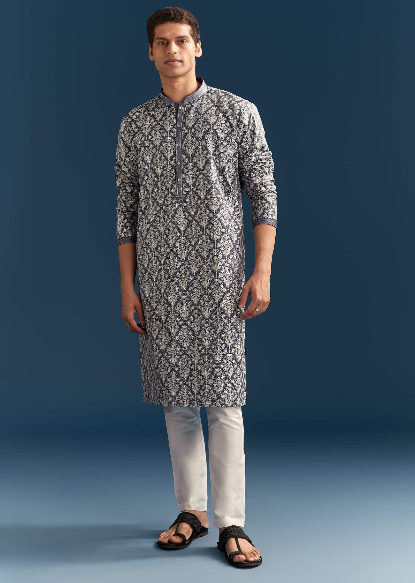 Blue Silk Printed Kurta Set For Men With Thread Embroidery - Image 2