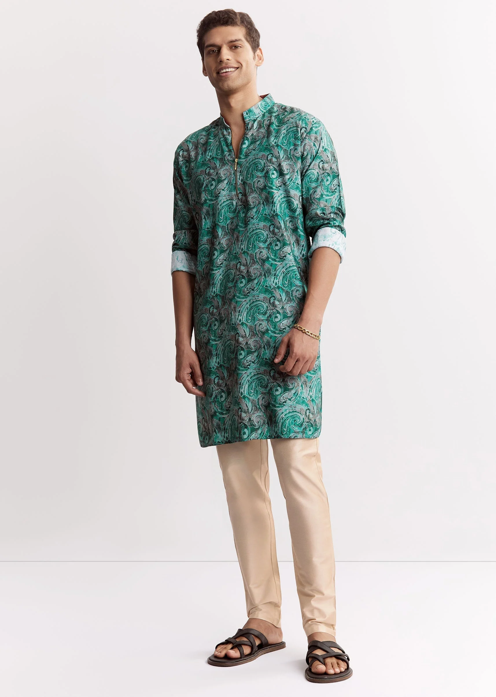 Blue Silk Printed Kurta Set With Zipper - Image 2