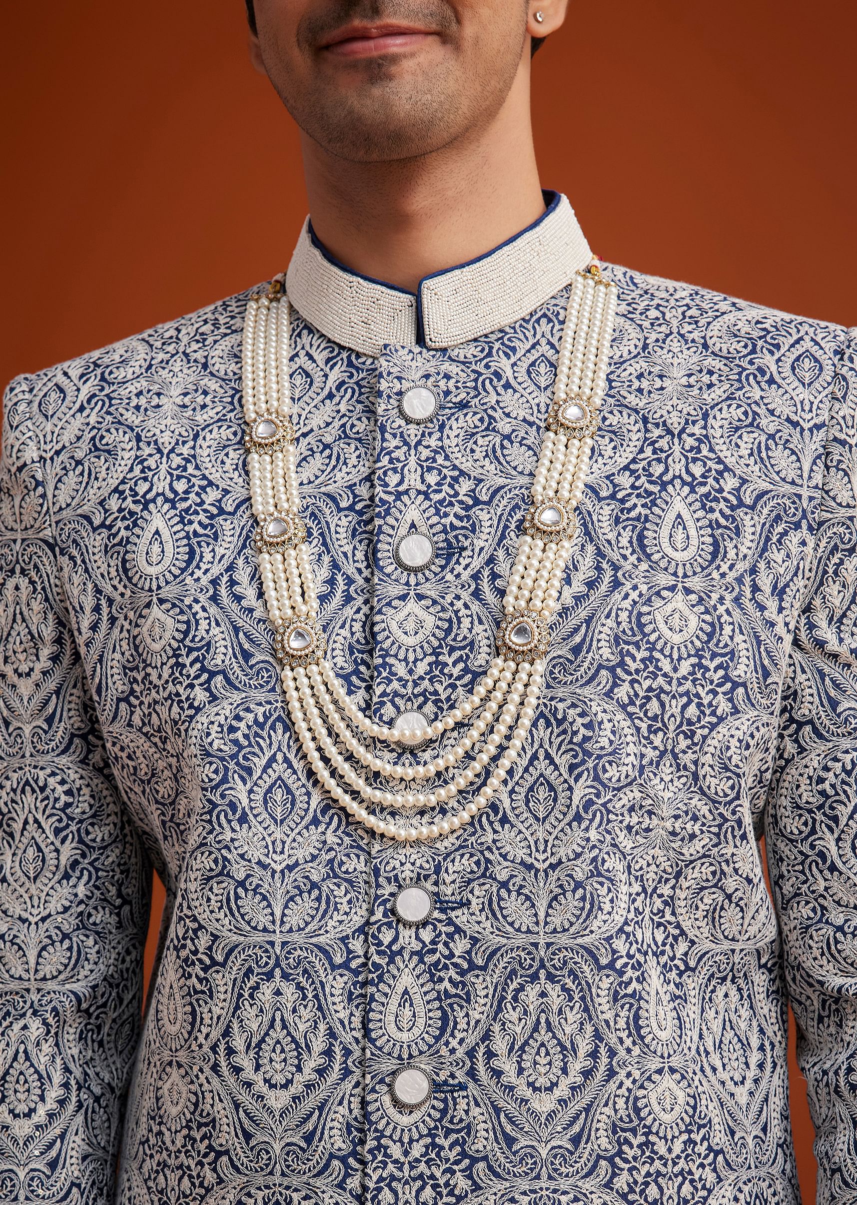Blue Silk Sherwani Set With Beads Work On Collar - Image 2