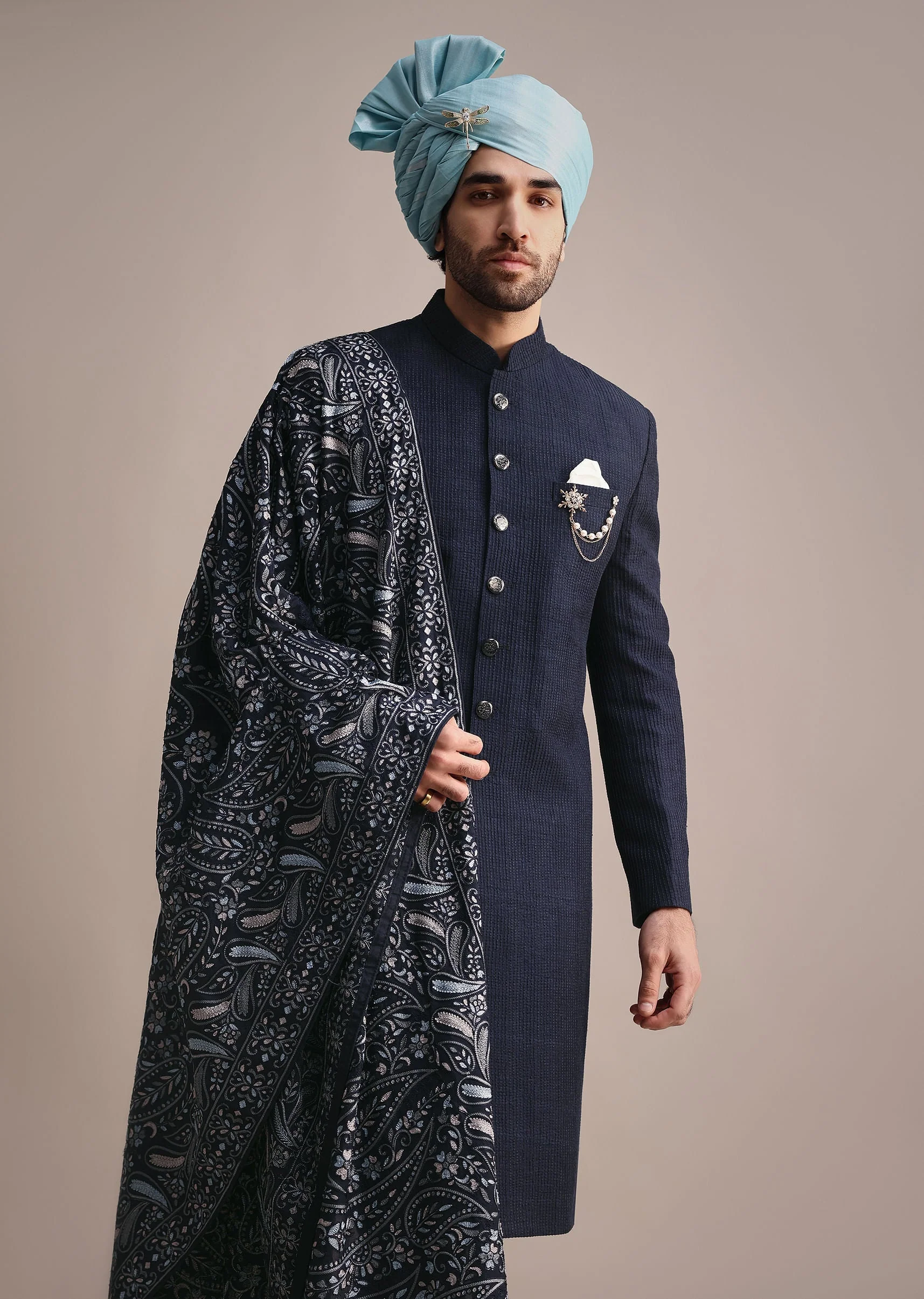 Blue Silk Sherwani With Pashmina Dupatta - Image 4