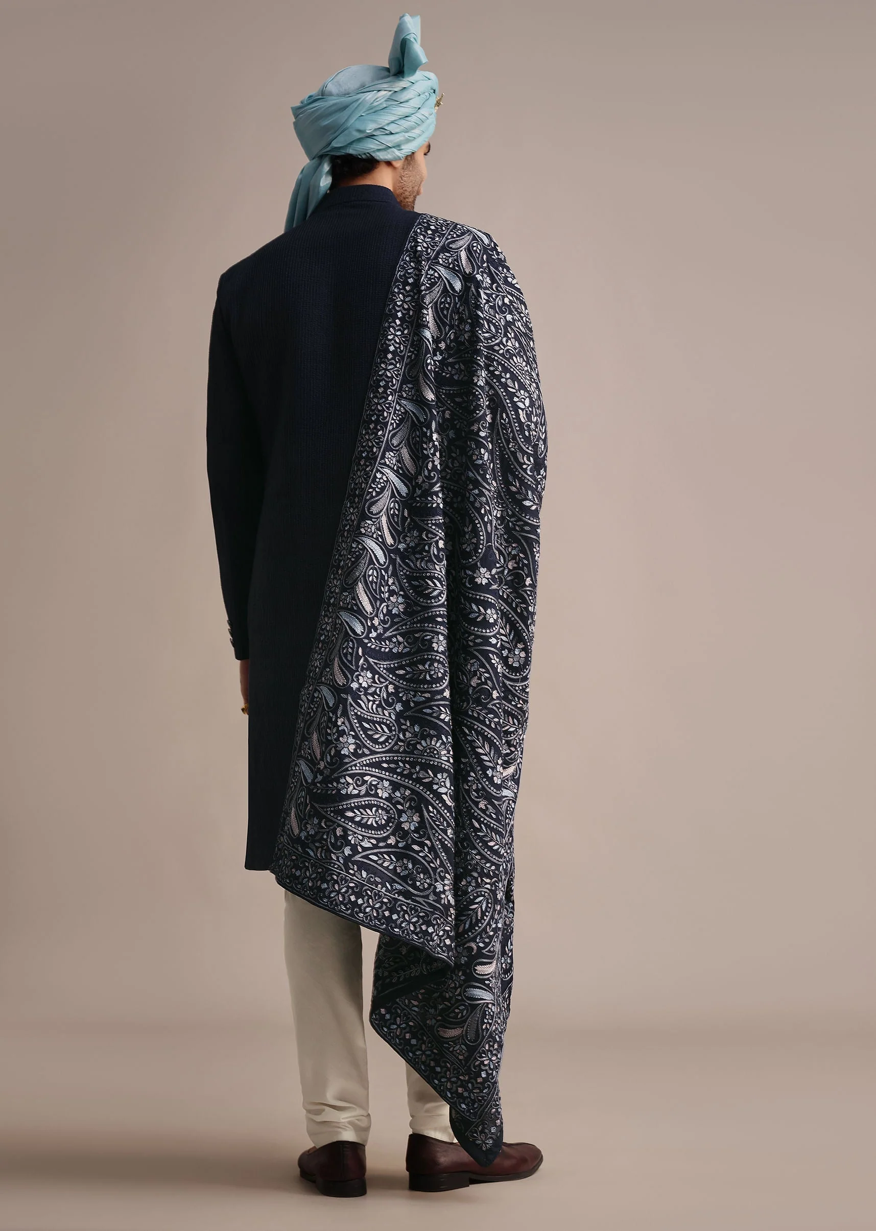 Blue Silk Sherwani With Pashmina Dupatta - Image 5