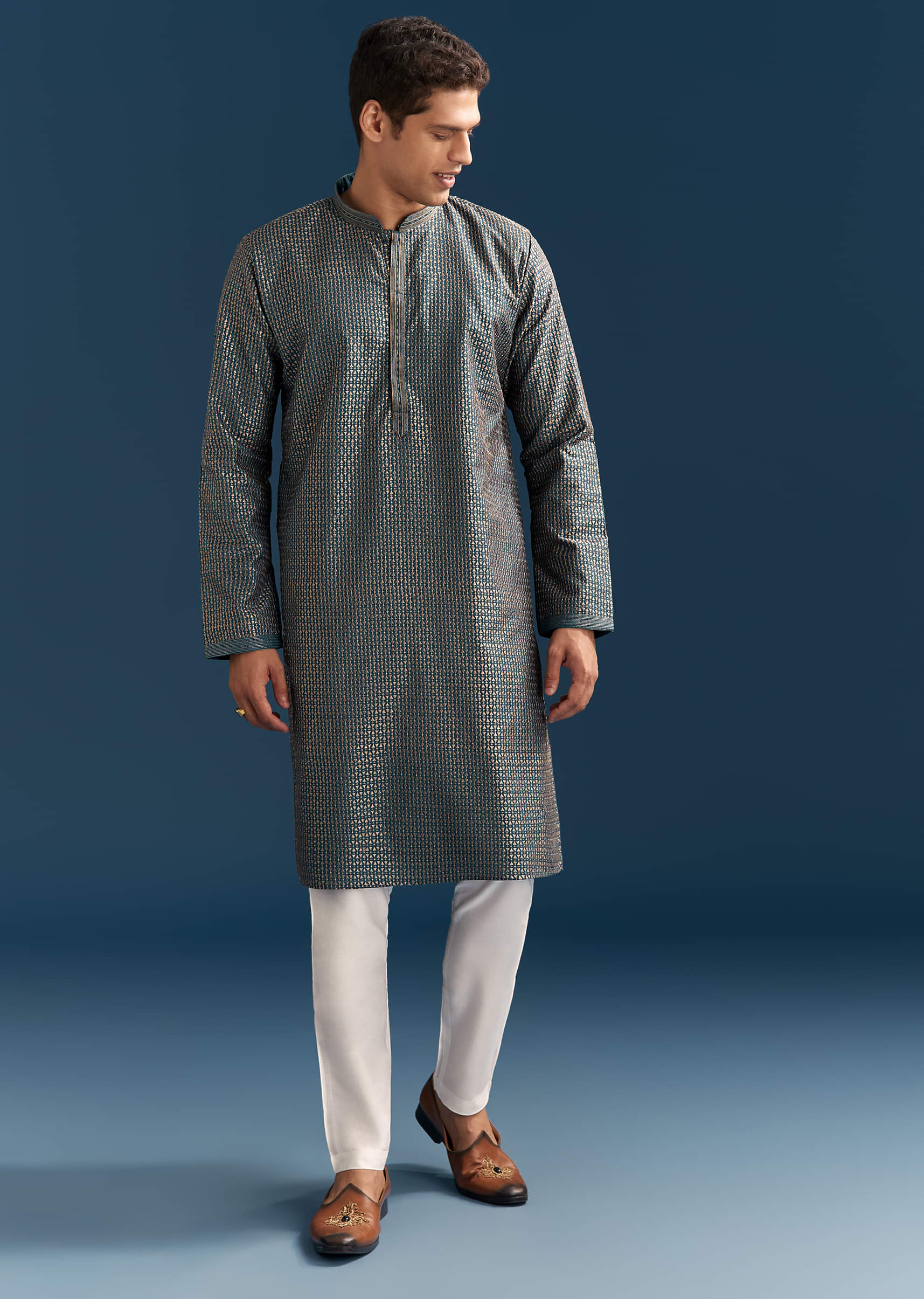 Blue Silk Textured Kurta Set For Men With Embroidery - Image 3