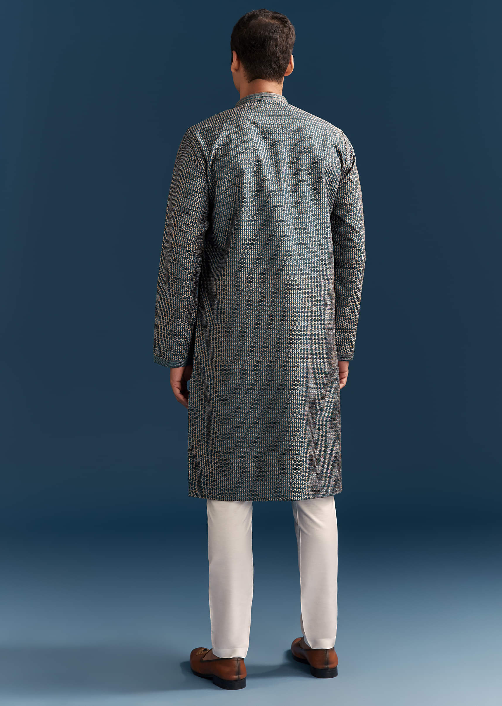 Blue Silk Textured Kurta Set For Men With Embroidery - Image 5