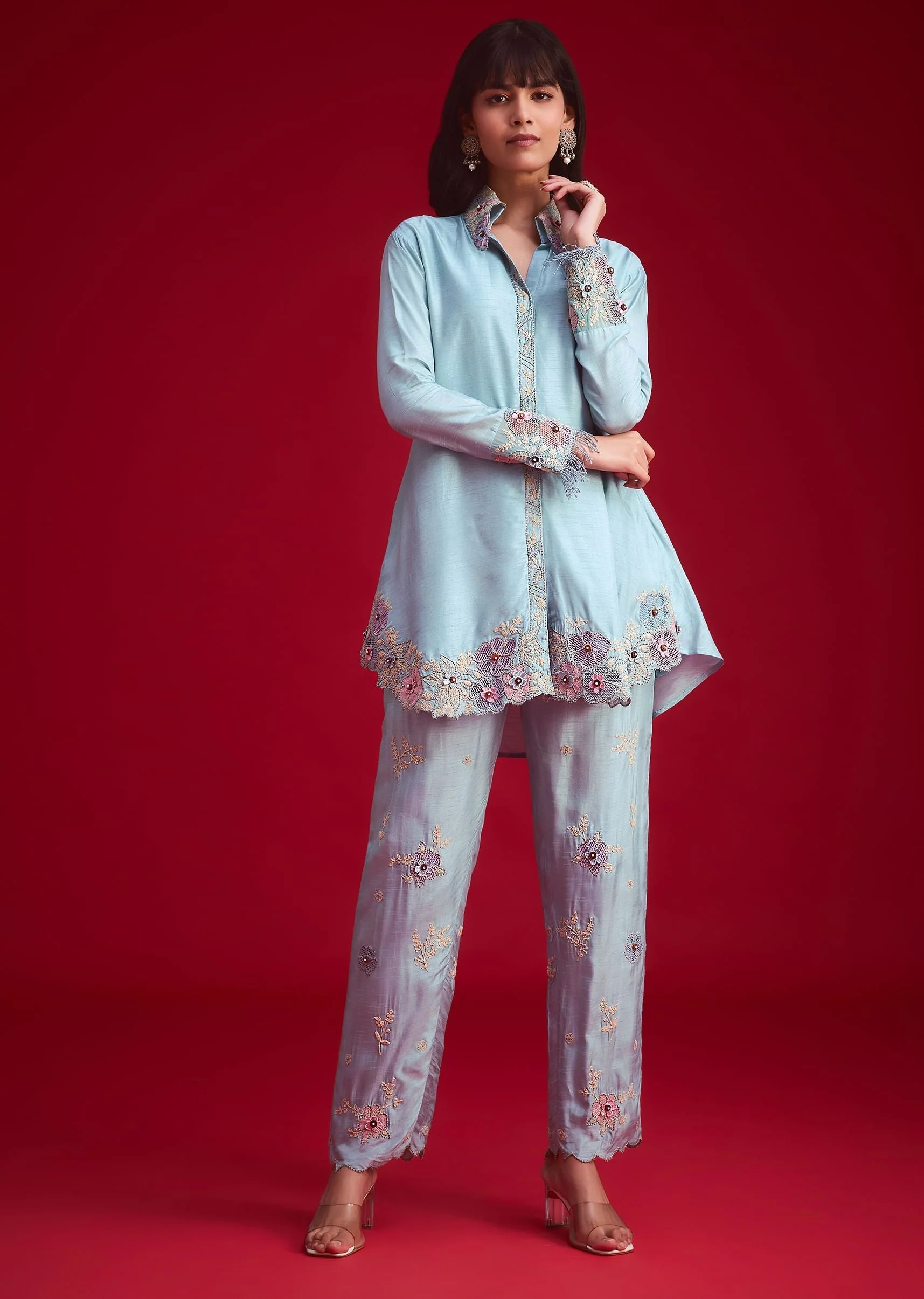 Blue Silk Threadwork And Patch Work Kurta Pant Set