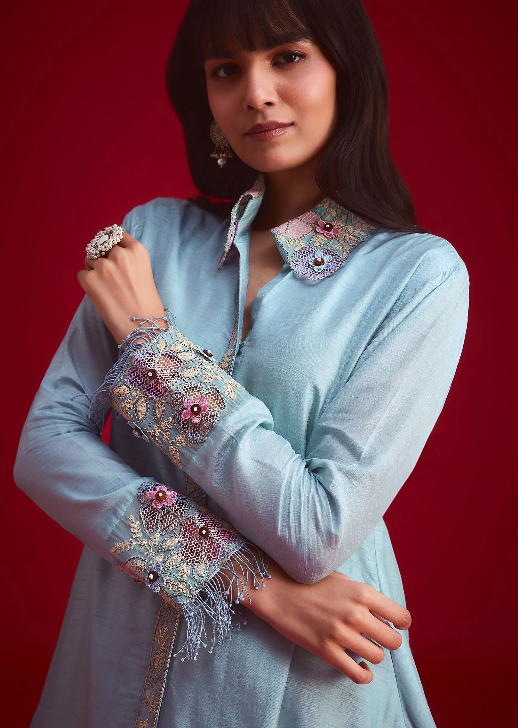 Blue Silk Threadwork And Patch Work Kurta Pant Set - Image 2