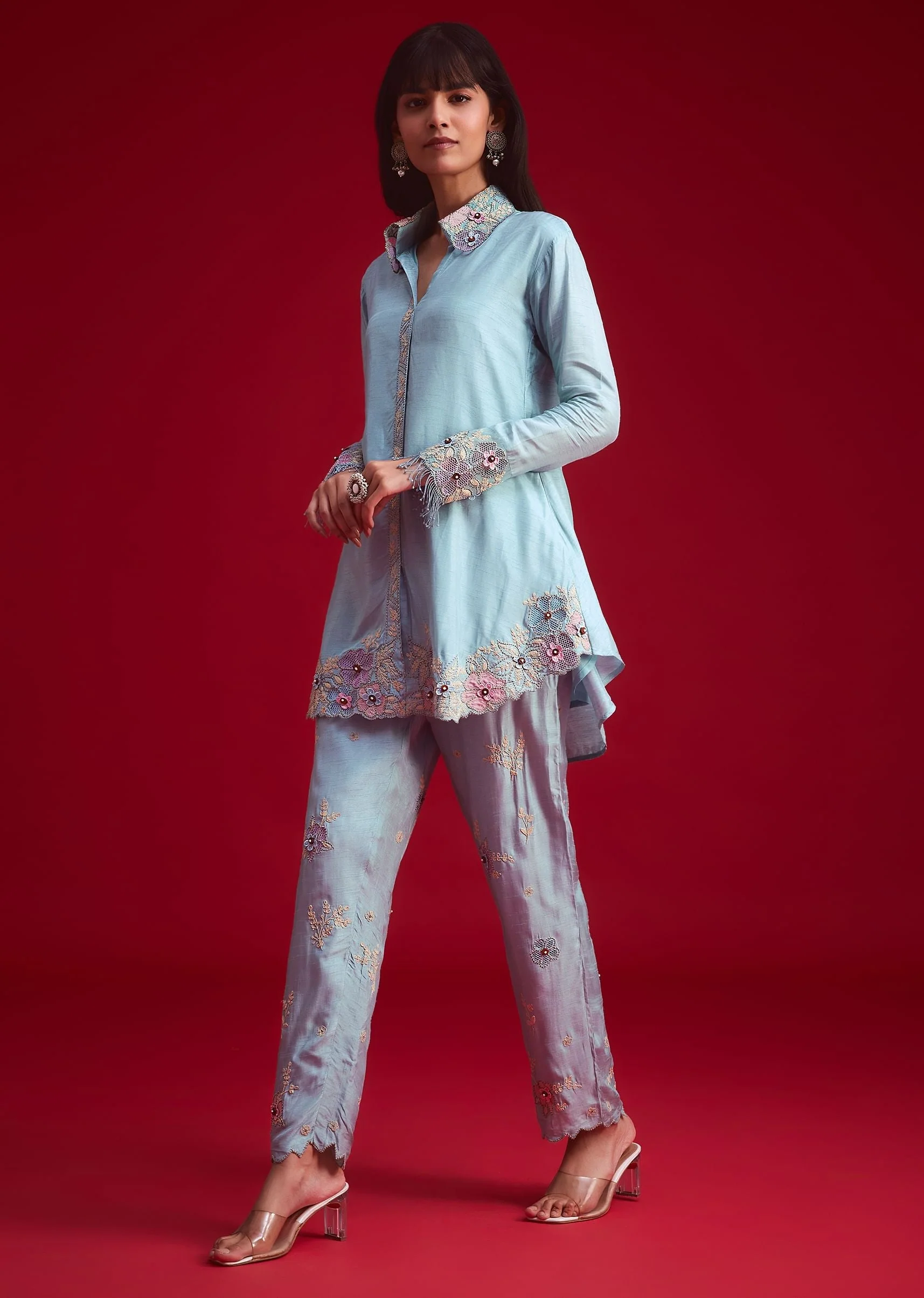 Blue Silk Threadwork And Patch Work Kurta Pant Set - Image 3