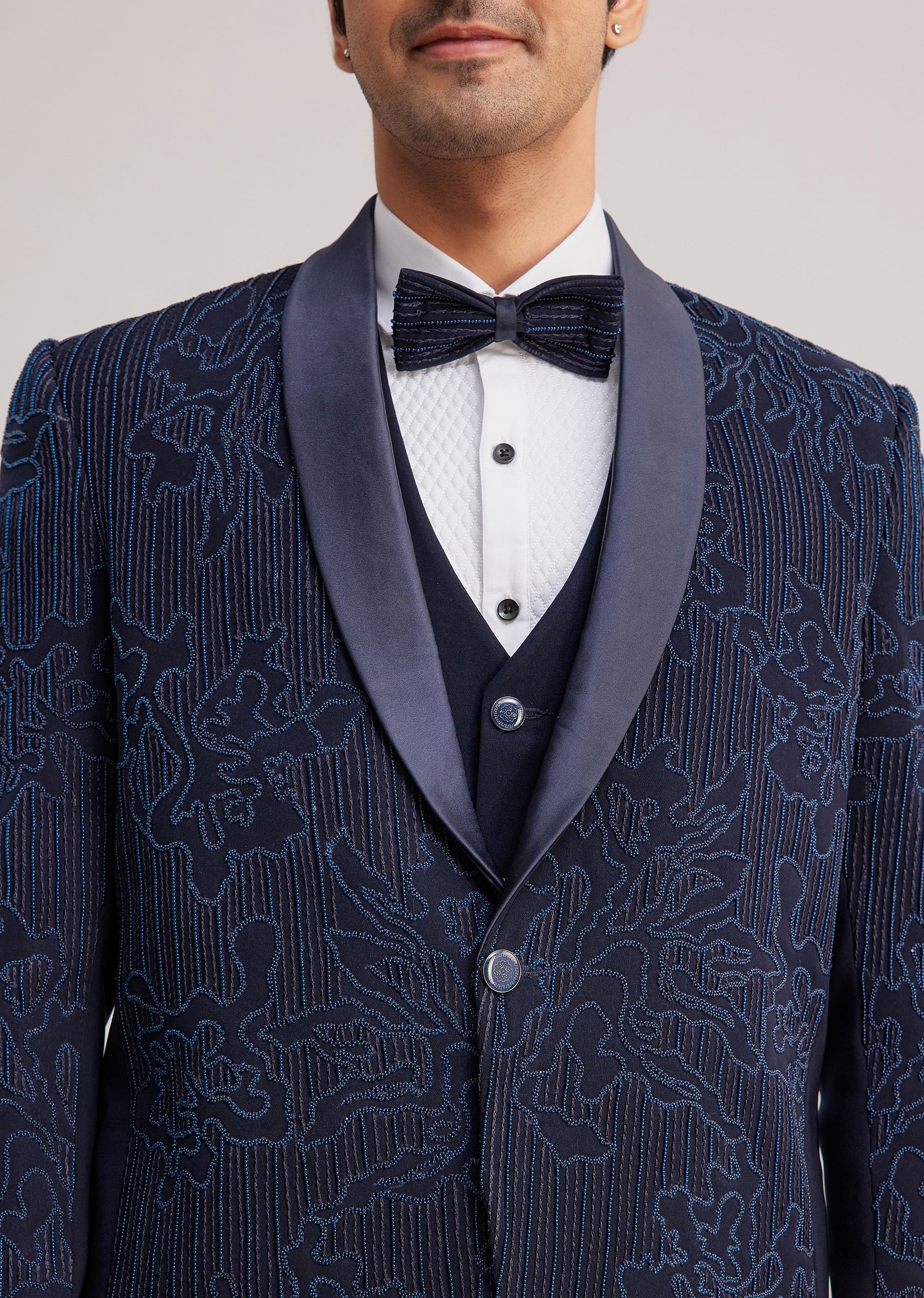 Blue Silk Tuxedo With Resham Work - Image 2