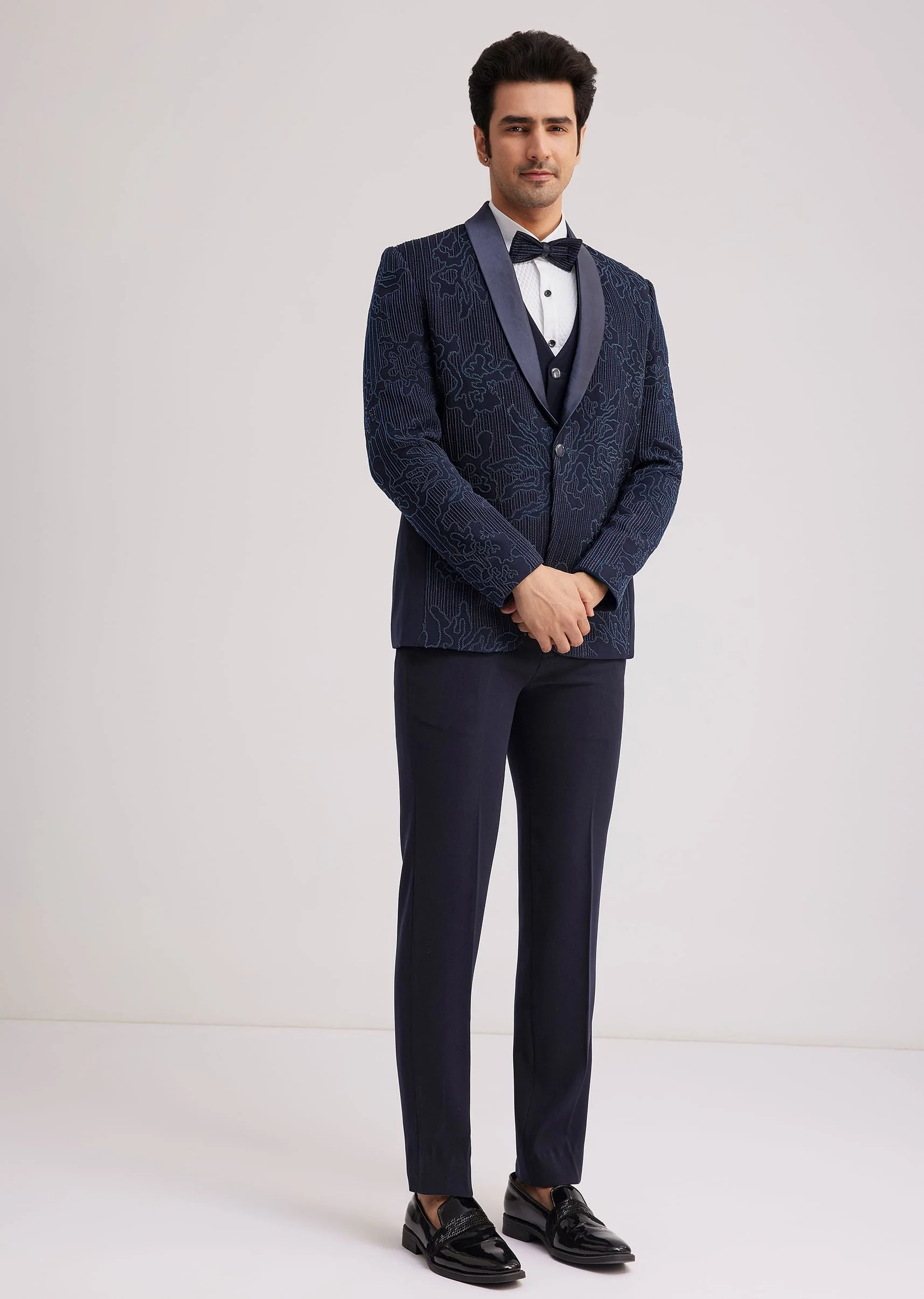 Blue Silk Tuxedo With Resham Work - Image 3