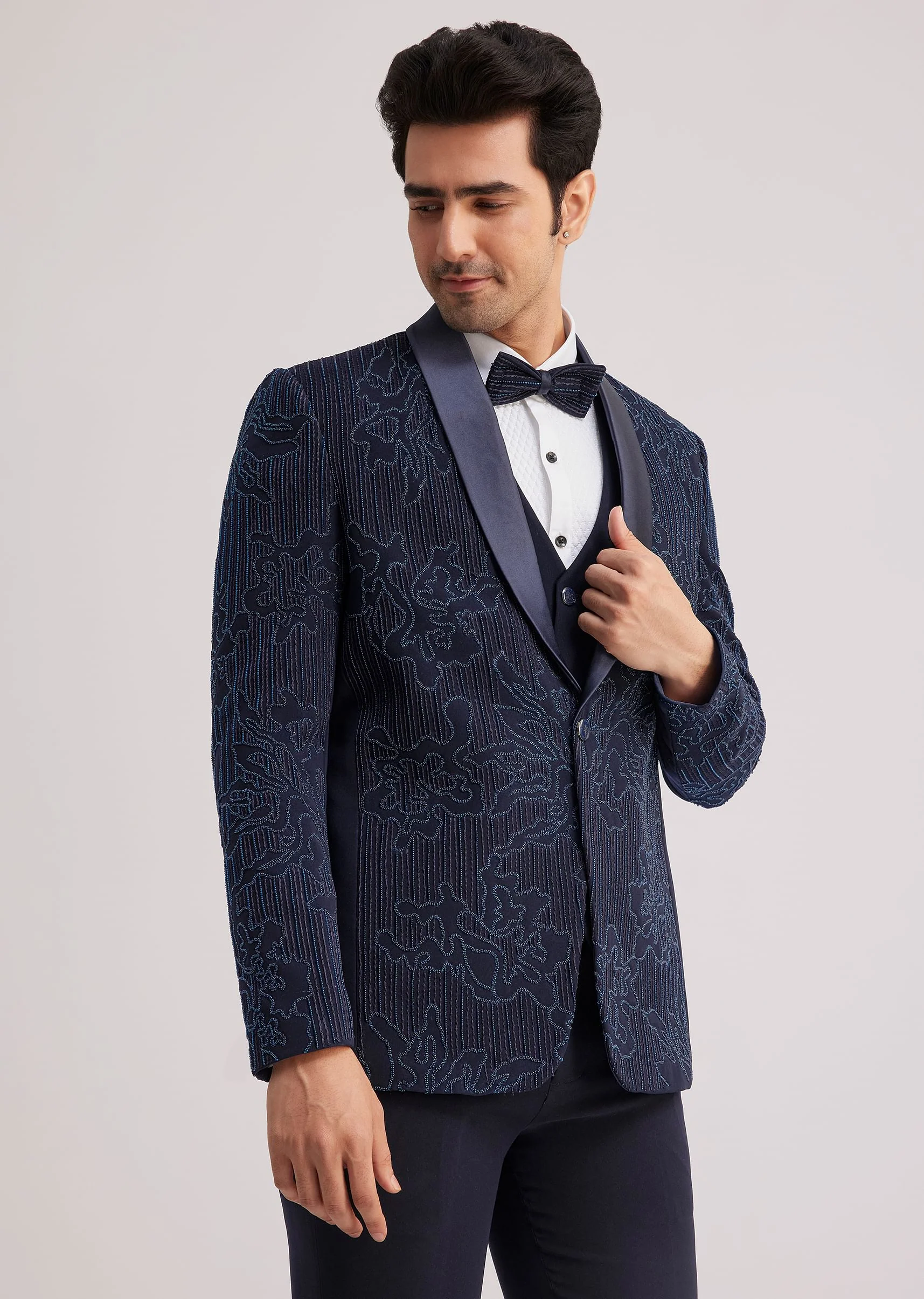 Blue Silk Tuxedo With Resham Work - Image 4