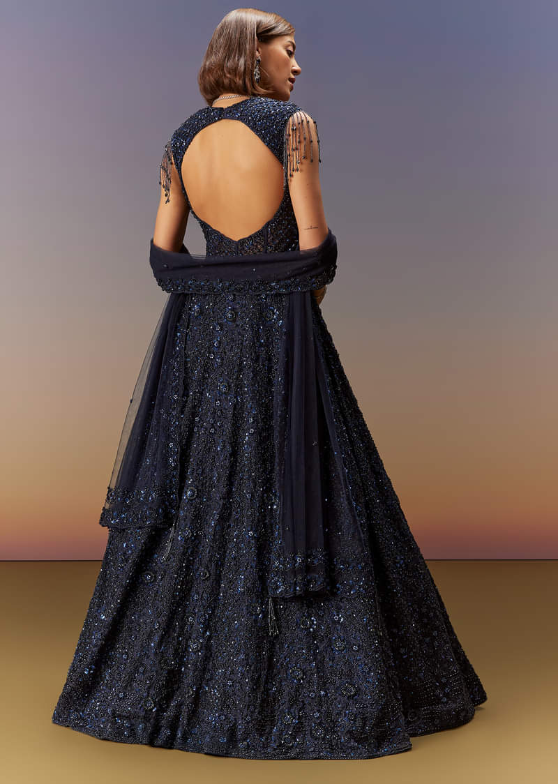 Blue Sleeveless Gown With Dupatta - Image 2