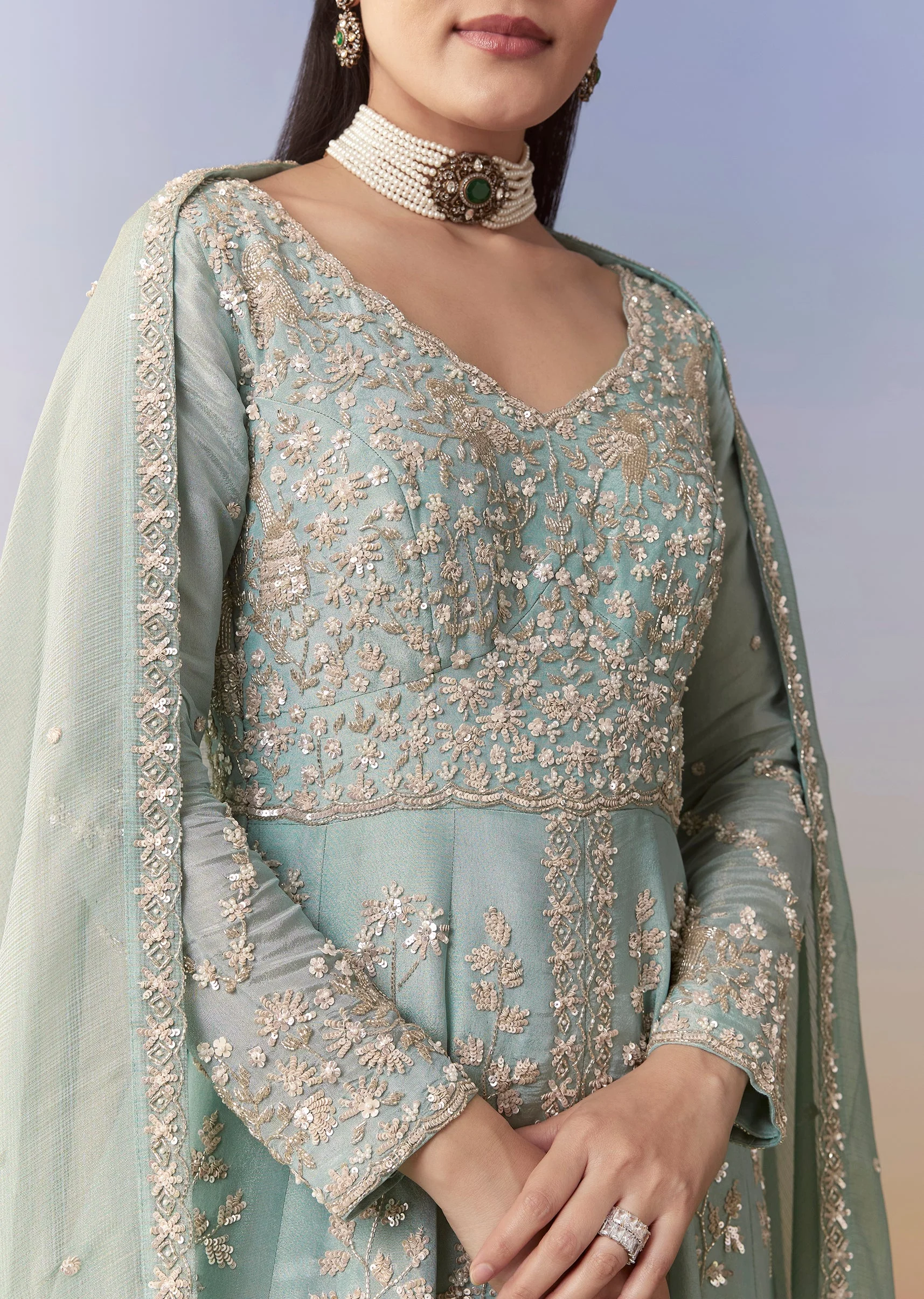 Blue Slit Anarkali Palazzo Set with Sequin Work - Image 2