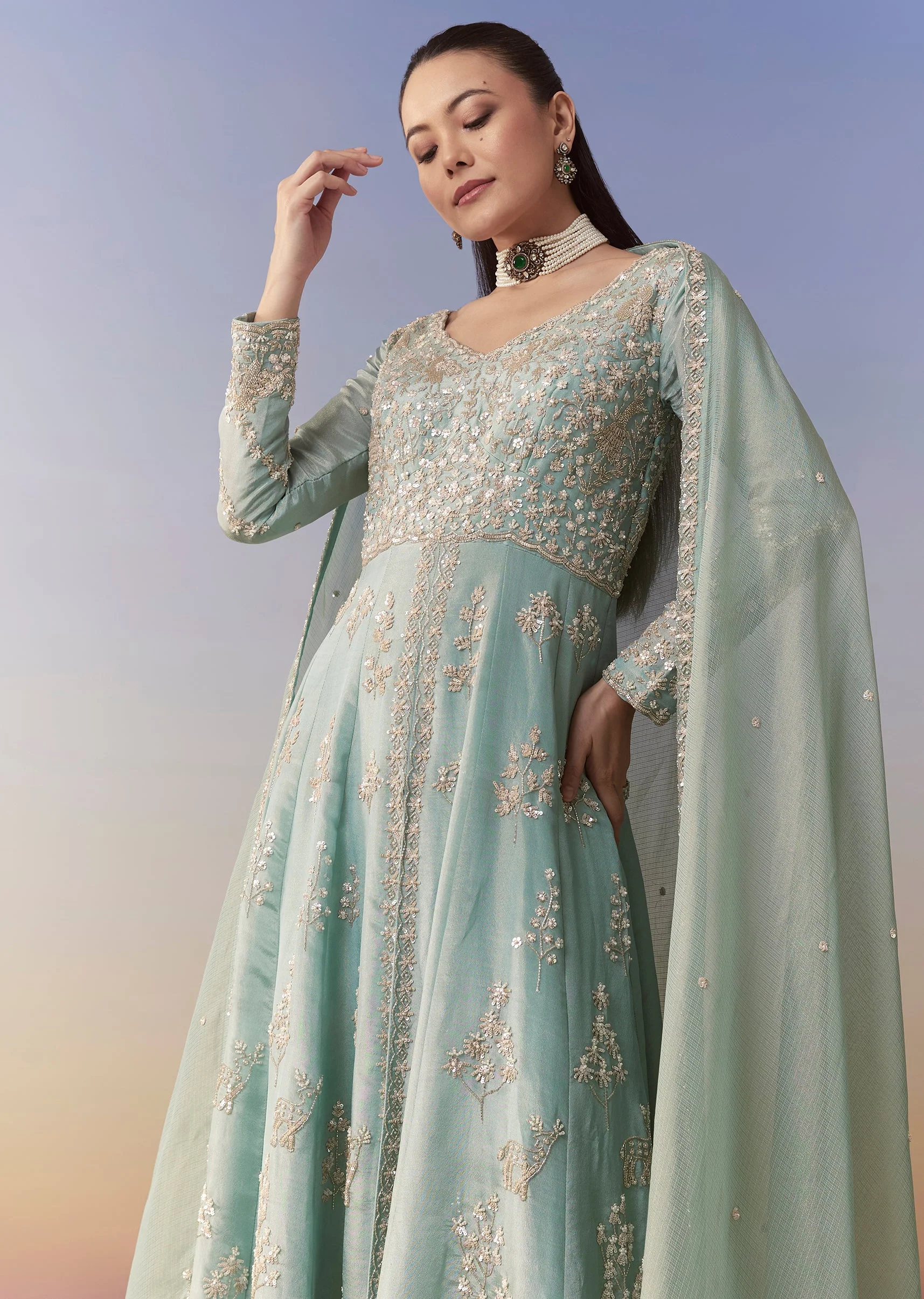 Blue Slit Anarkali Palazzo Set with Sequin Work - Image 4