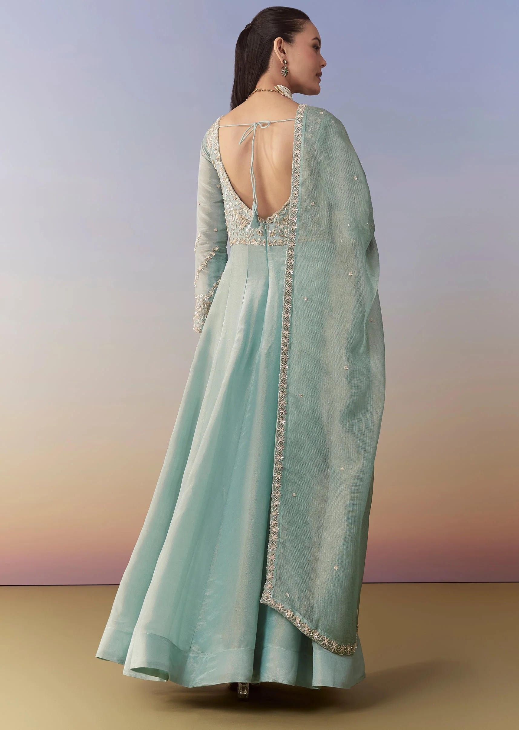 Blue Slit Anarkali Palazzo Set with Sequin Work - Image 5