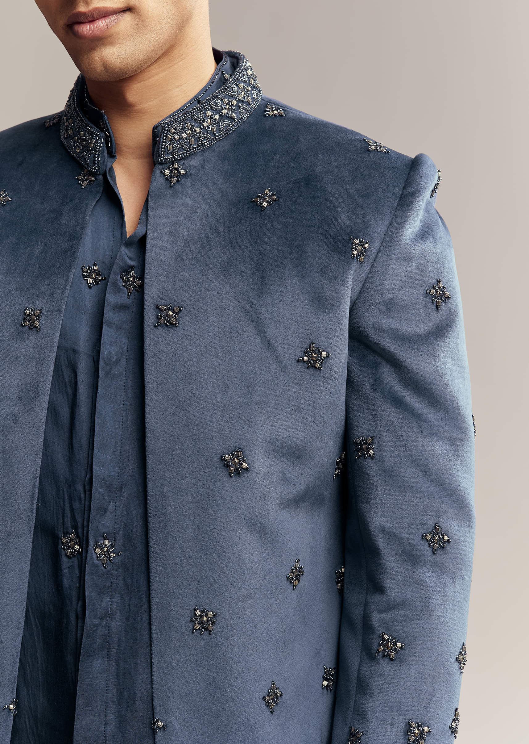 Blue Suede Indo Western For Men With Aari Embroidery - Image 2