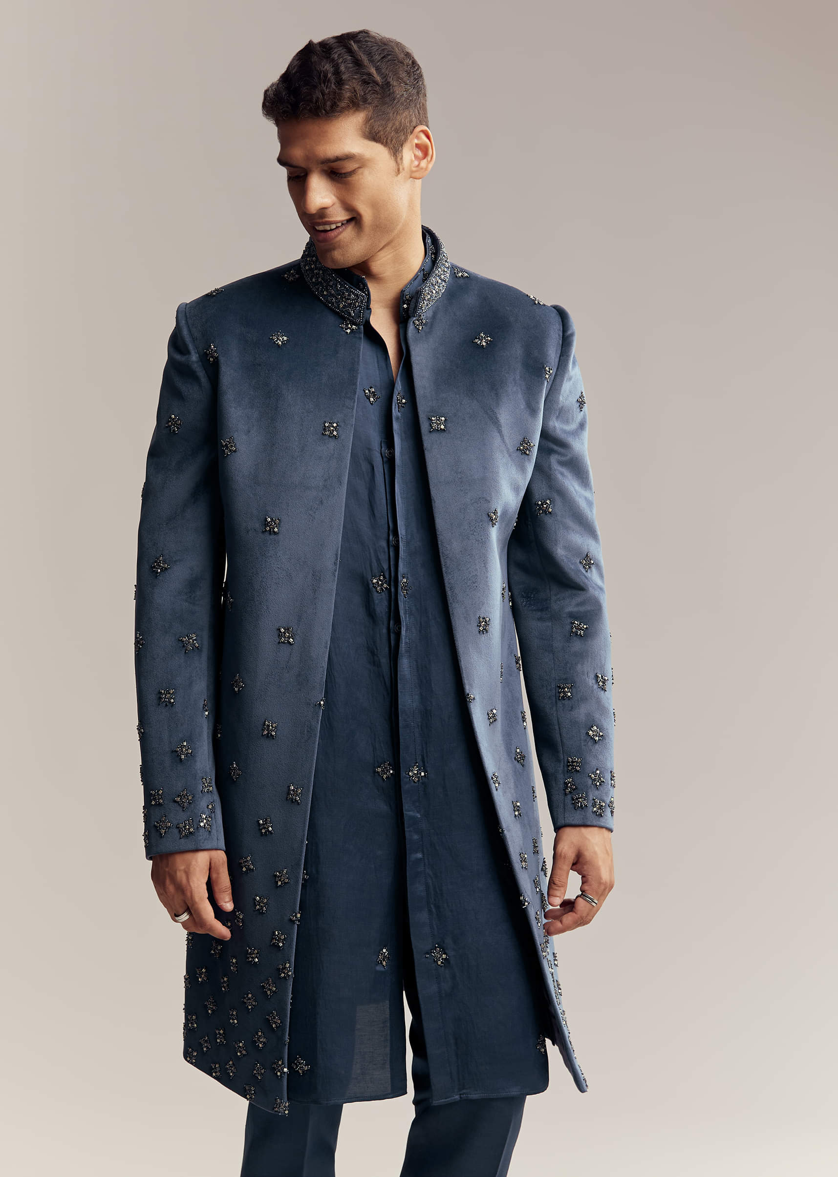 Blue Suede Indo Western For Men With Aari Embroidery - Image 4