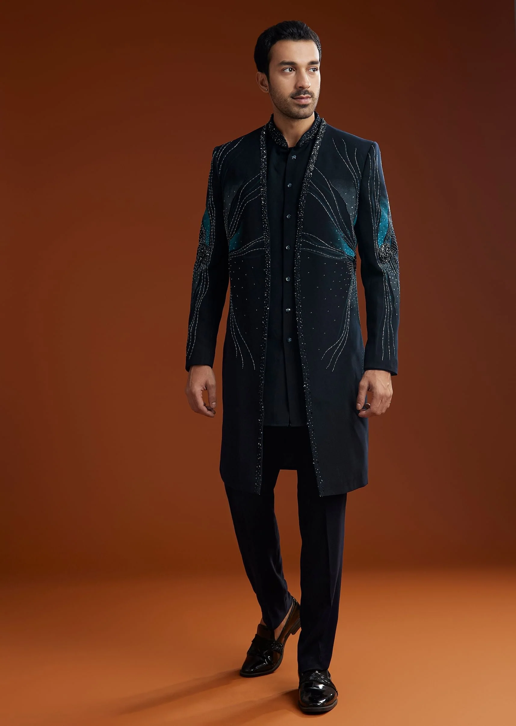 Blue Suiting Indo Jacket Set With Starlit Cutdana Work