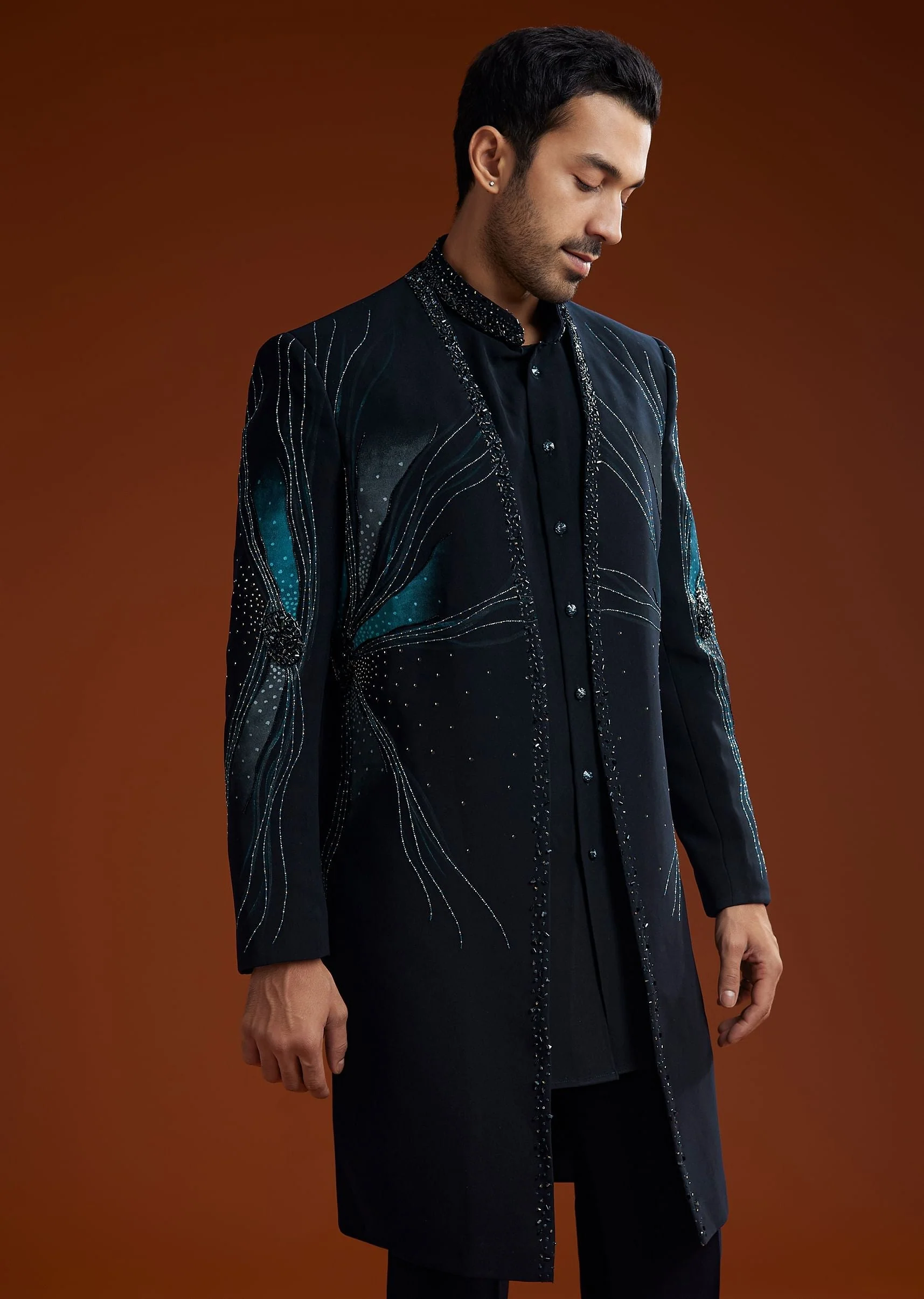 Blue Suiting Indo Jacket Set With Starlit Cutdana Work - Image 2