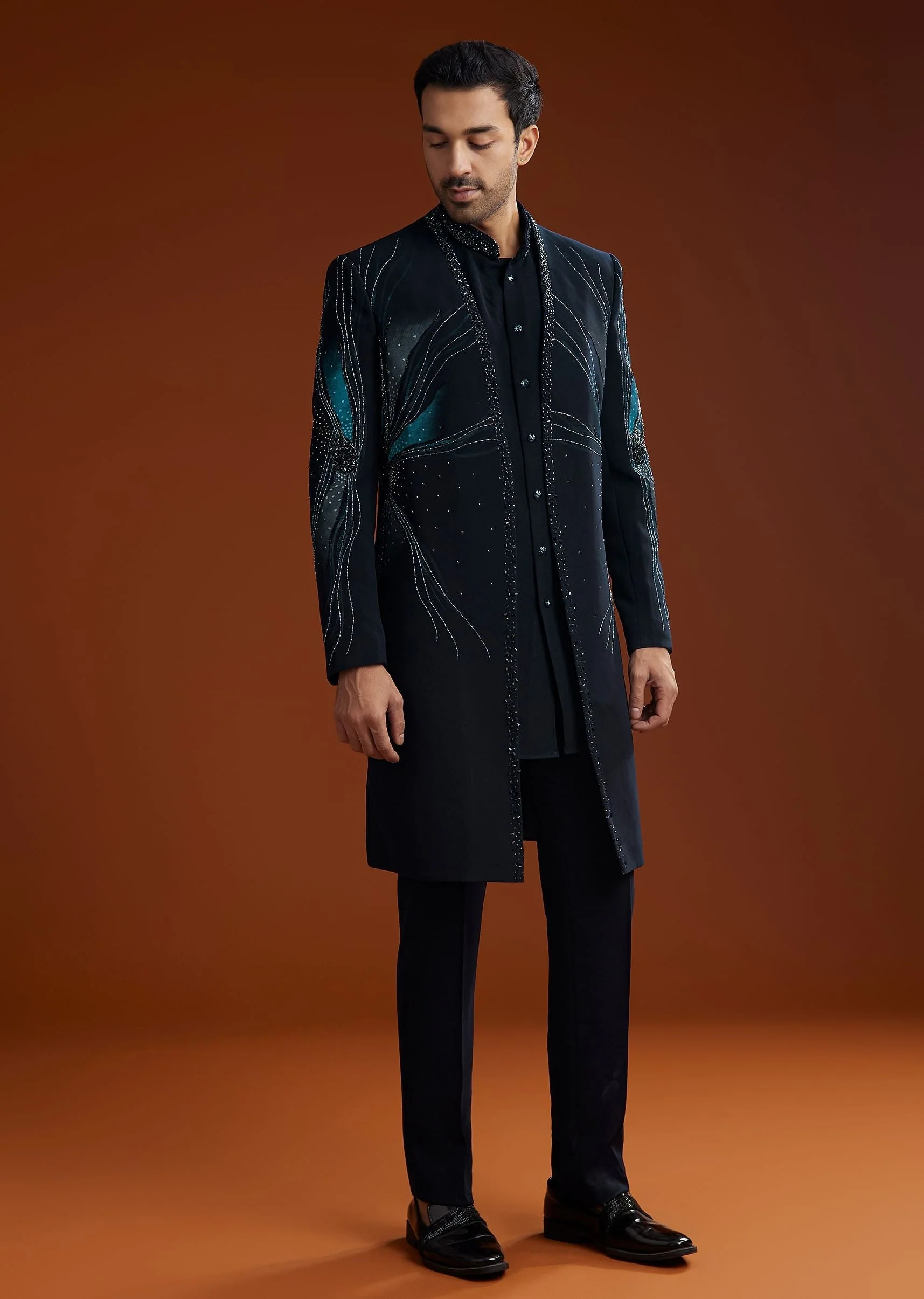 Blue Suiting Indo Jacket Set With Starlit Cutdana Work - Image 3