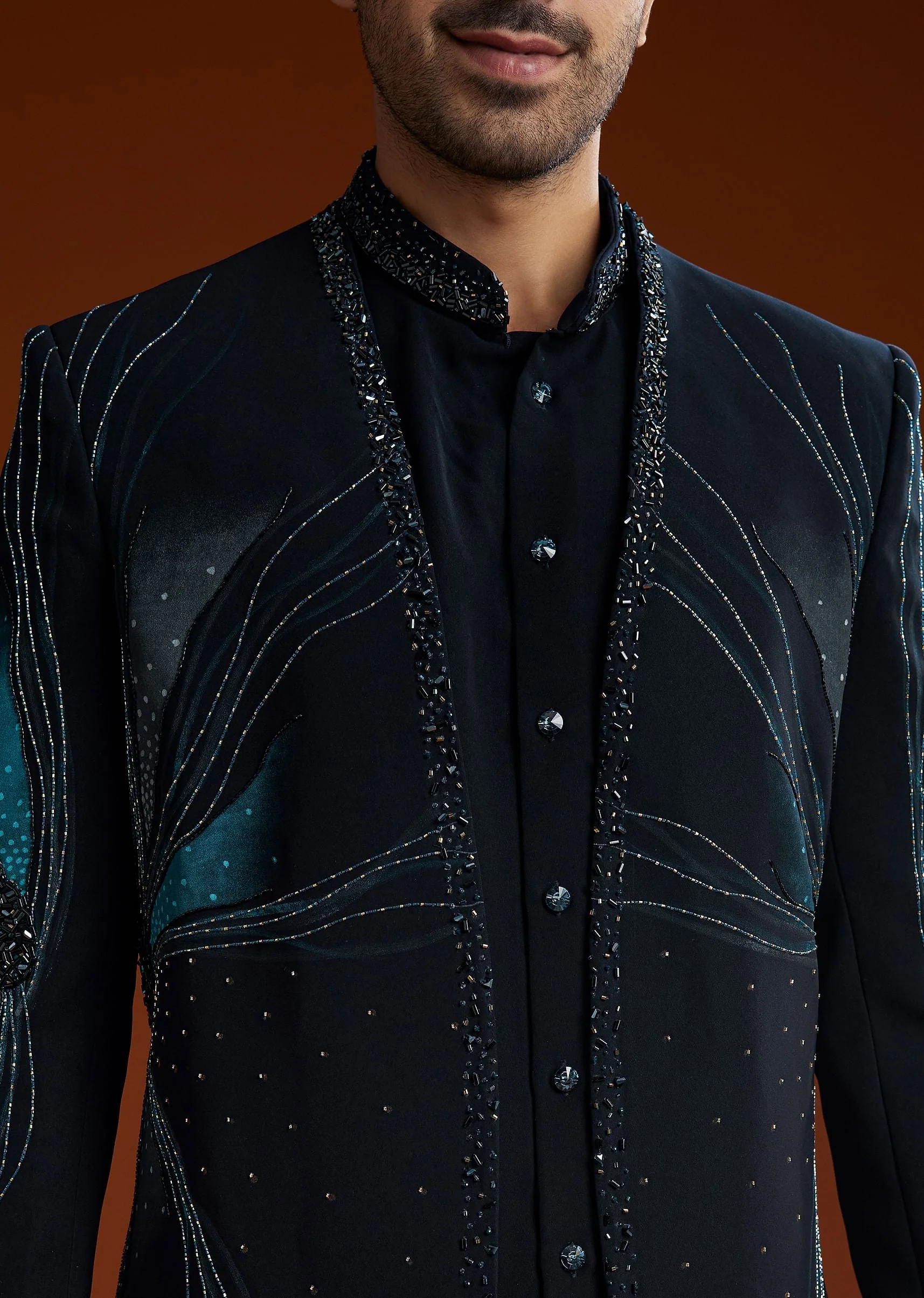 Blue Suiting Indo Jacket Set With Starlit Cutdana Work - Image 4