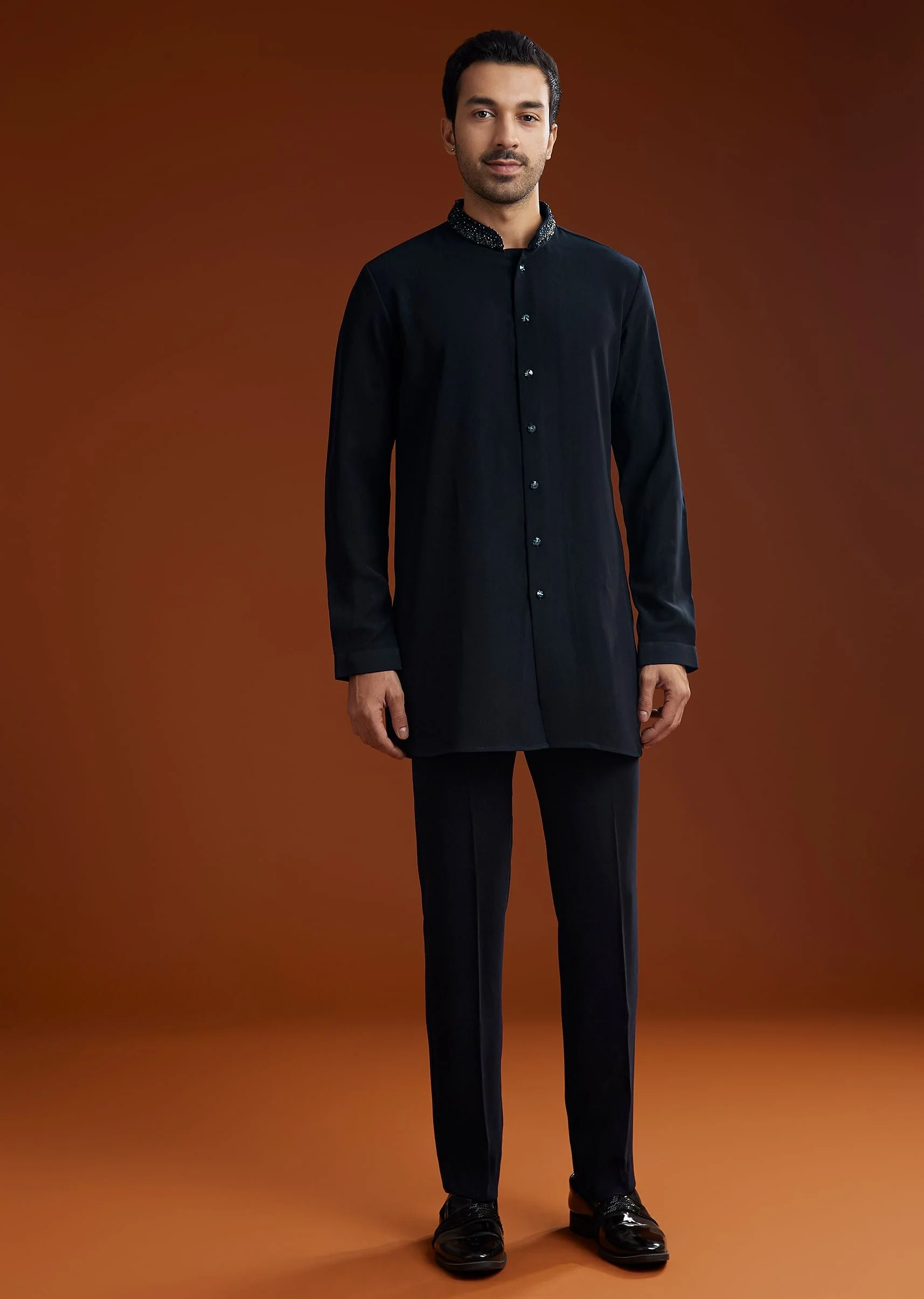 Blue Suiting Indo Jacket Set With Starlit Cutdana Work - Image 5