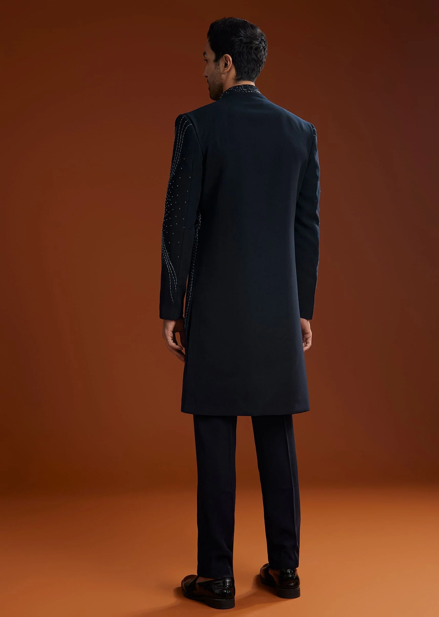 Blue Suiting Indo Jacket Set With Starlit Cutdana Work - Image 6