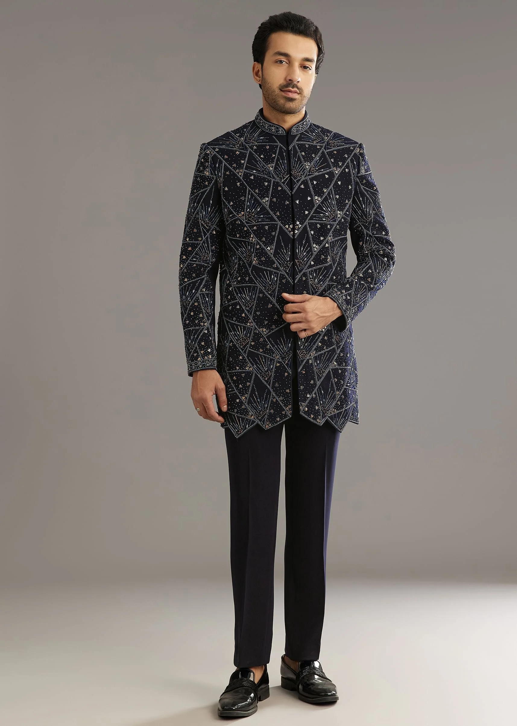 Blue Suiting Indo Western Set With Beaded Work - Image 2