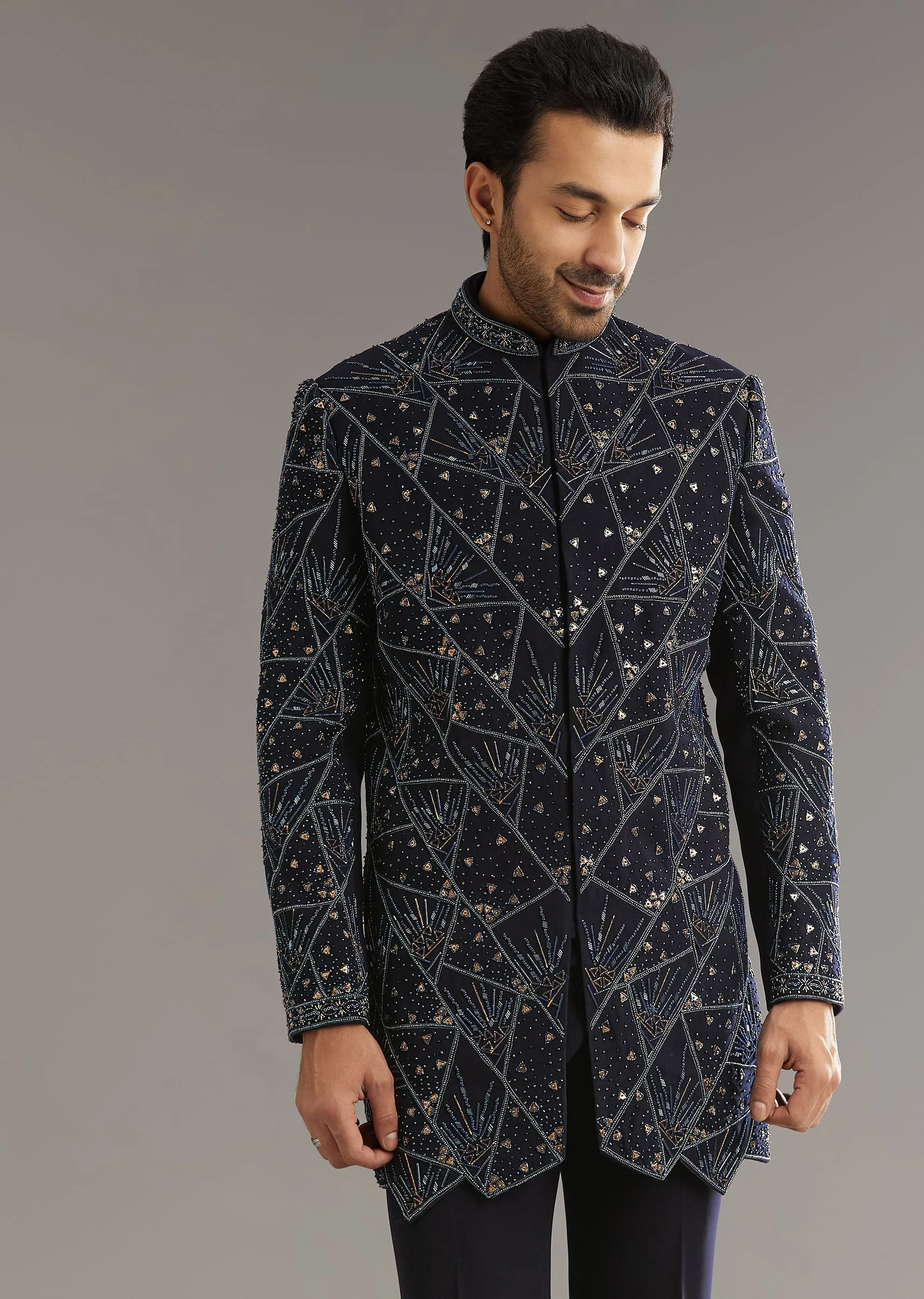 Blue Suiting Indo Western Set With Beaded Work - Image 3