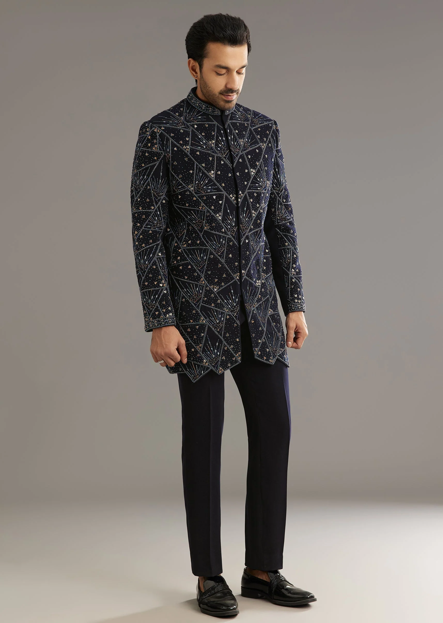 Blue Suiting Indo Western Set With Beaded Work - Image 4