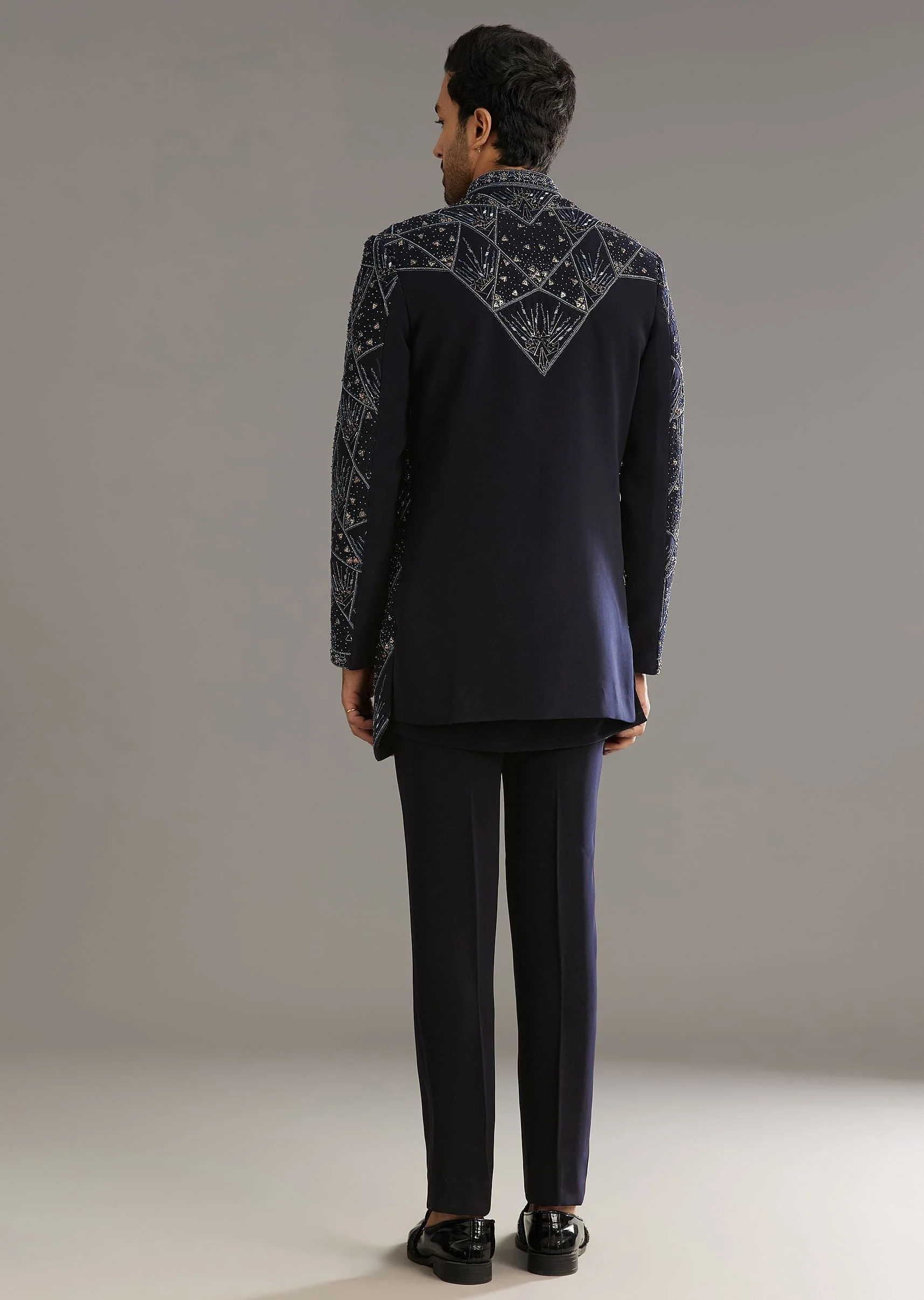Blue Suiting Indo Western Set With Beaded Work - Image 5